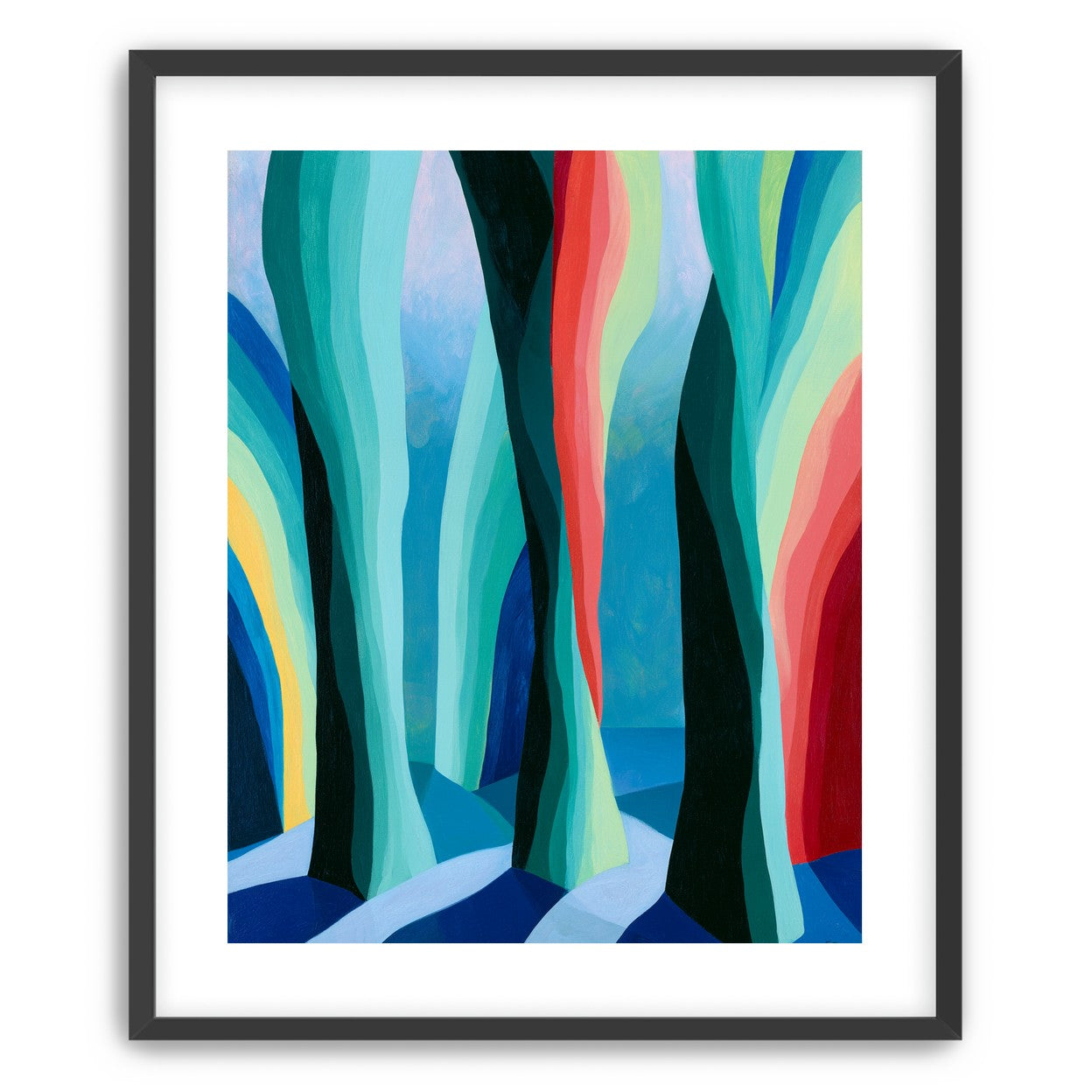Between red trunks and blue shadows