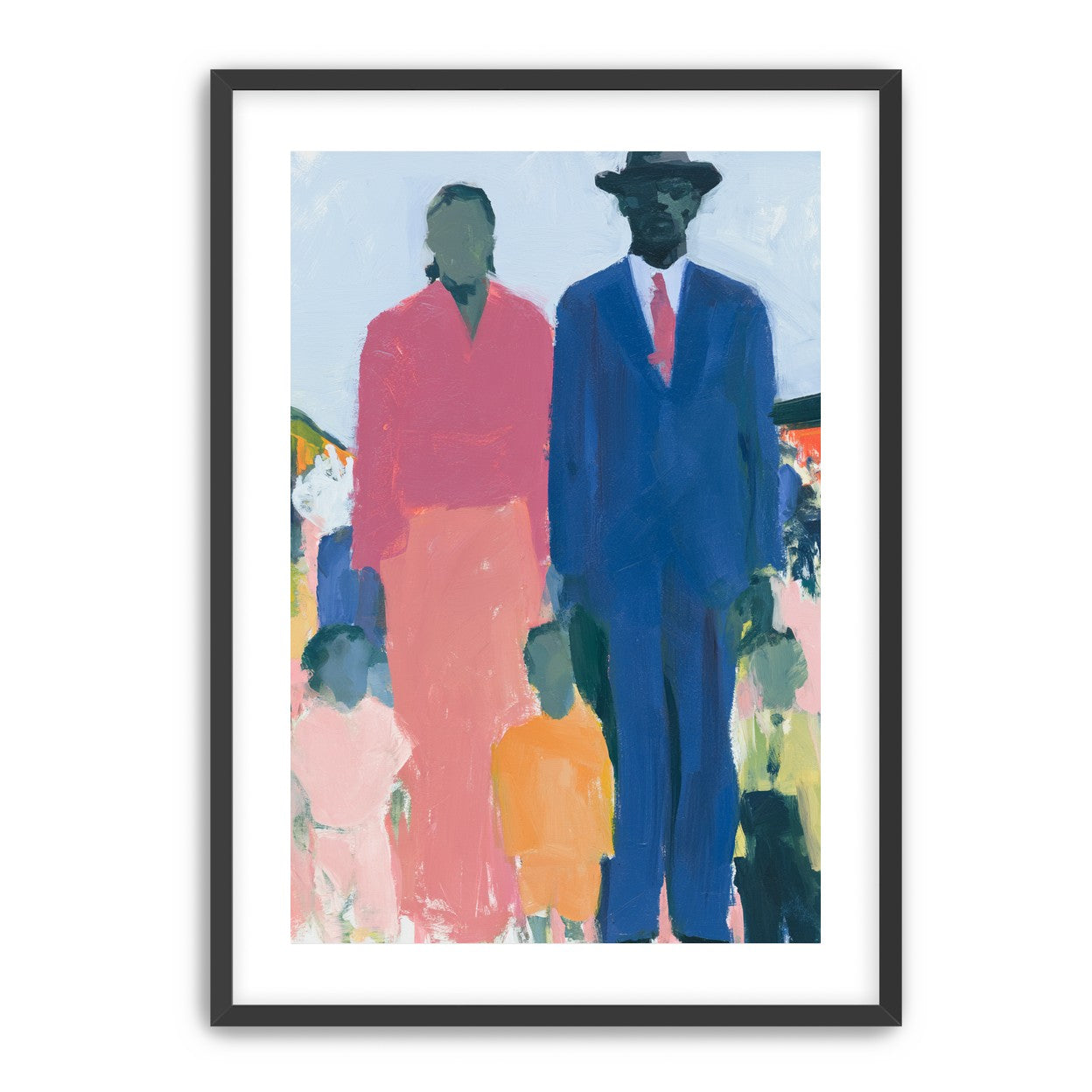 Blue suit beside coral dress