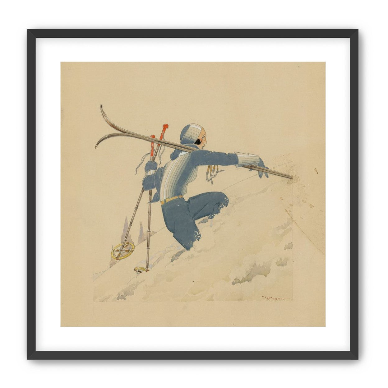 Blue skier in pale snow