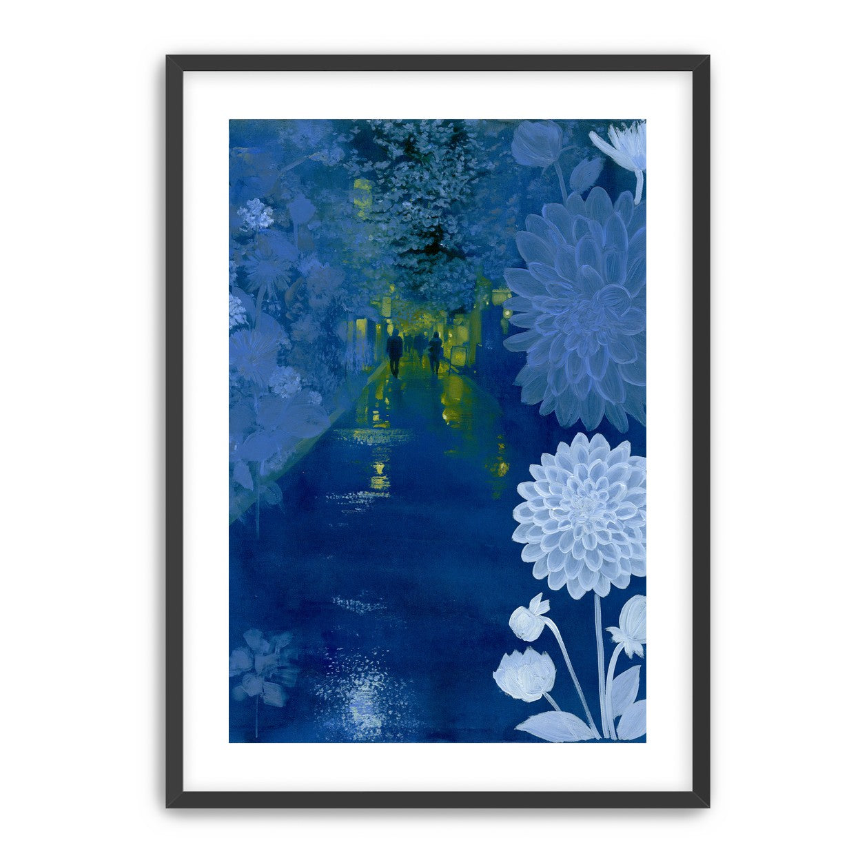 Two walkers under giant flowers