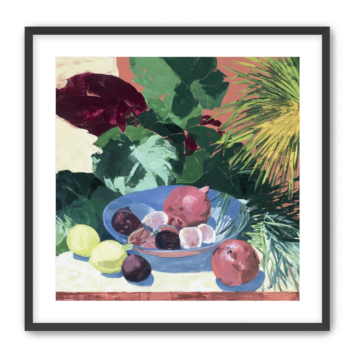Blue bowl under palm frond