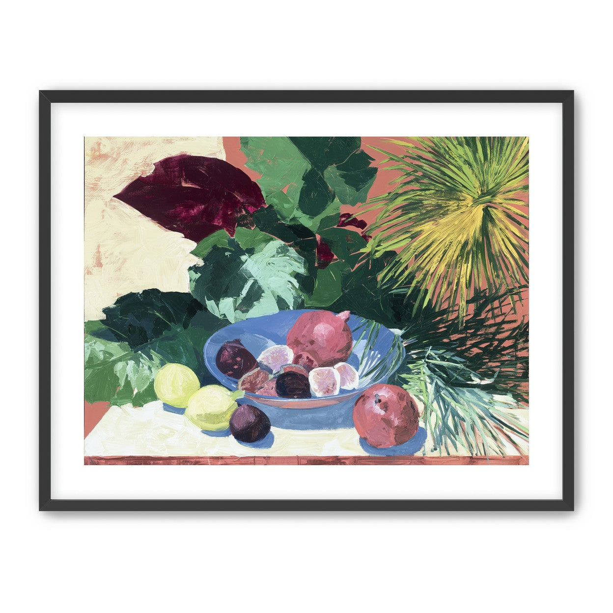 Blue bowl under palm frond