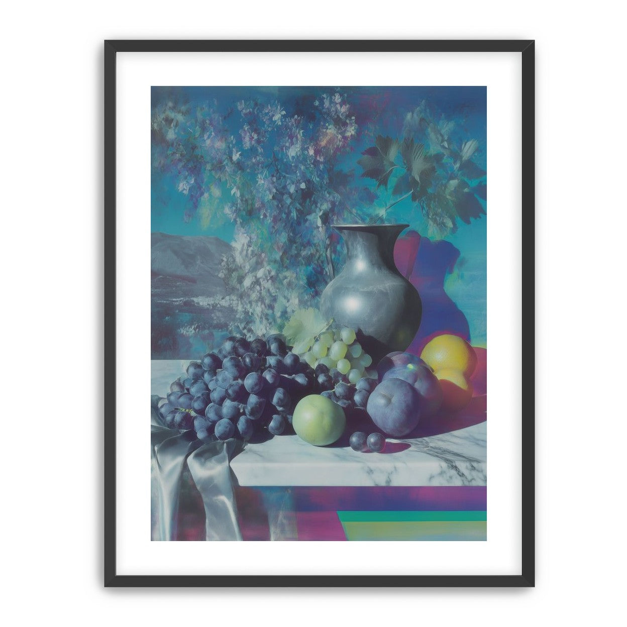 Vase and fruit in blue haze