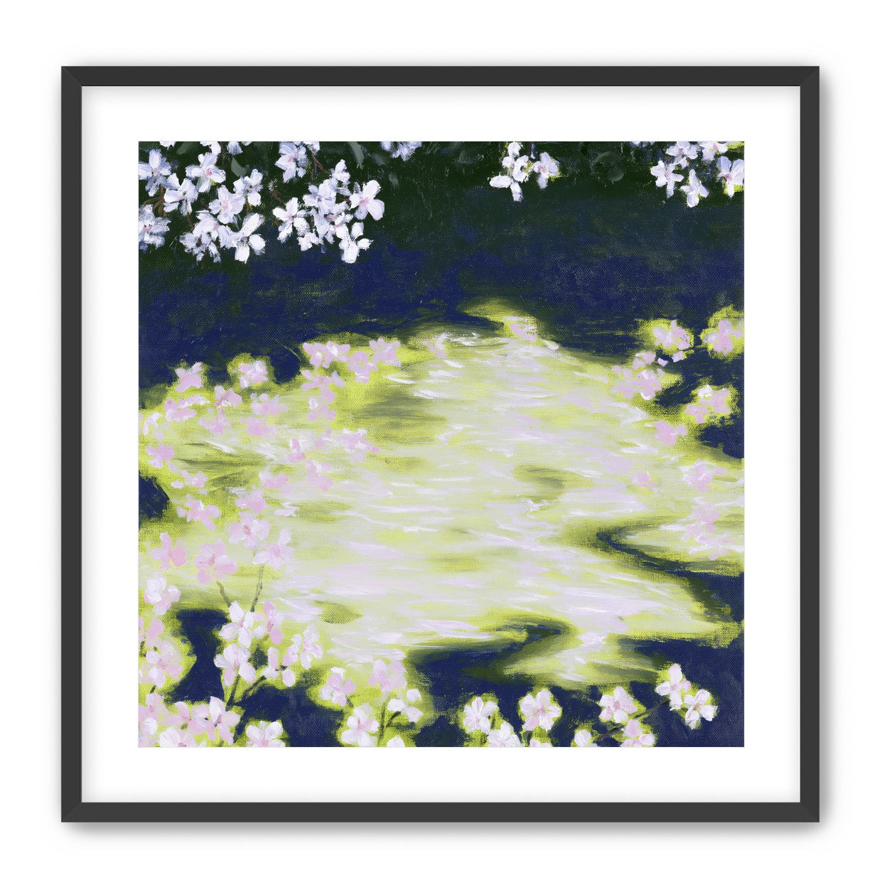 Petals crossing the bright water