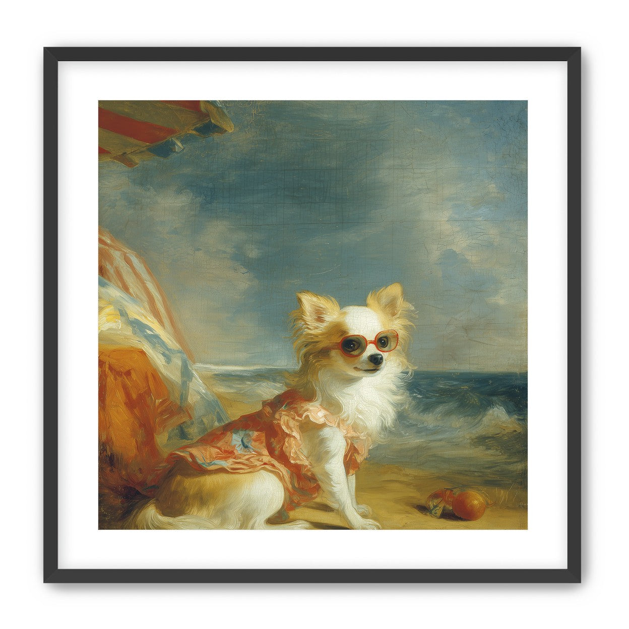 Seaside dog in red sunglasses