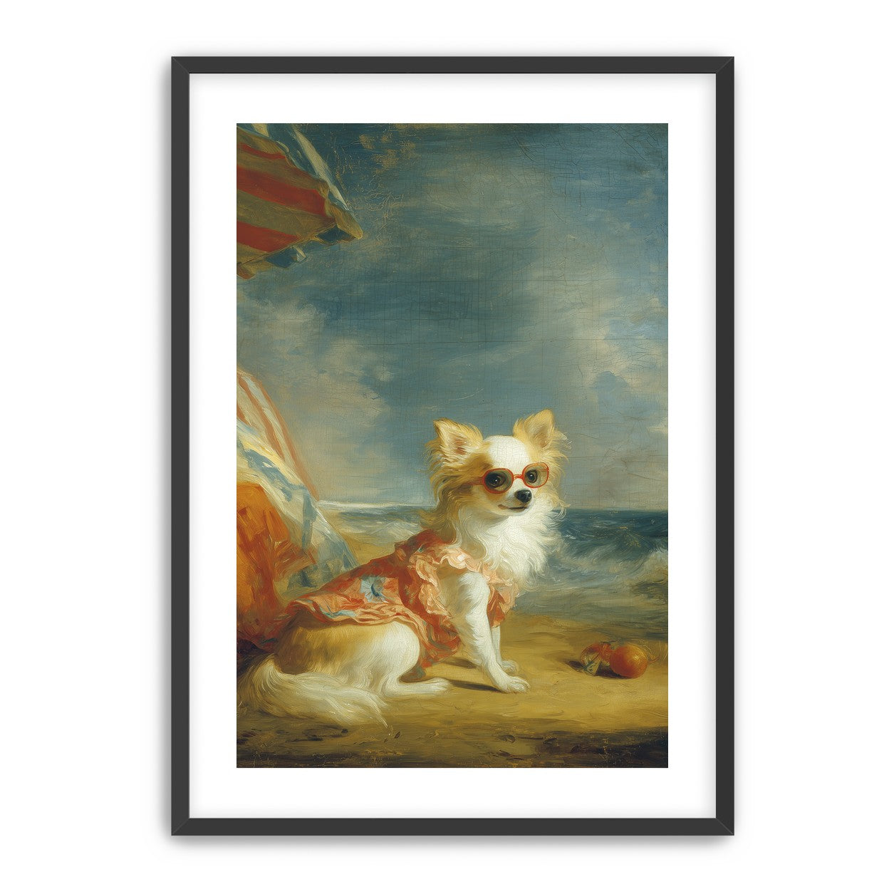 Seaside dog in red sunglasses