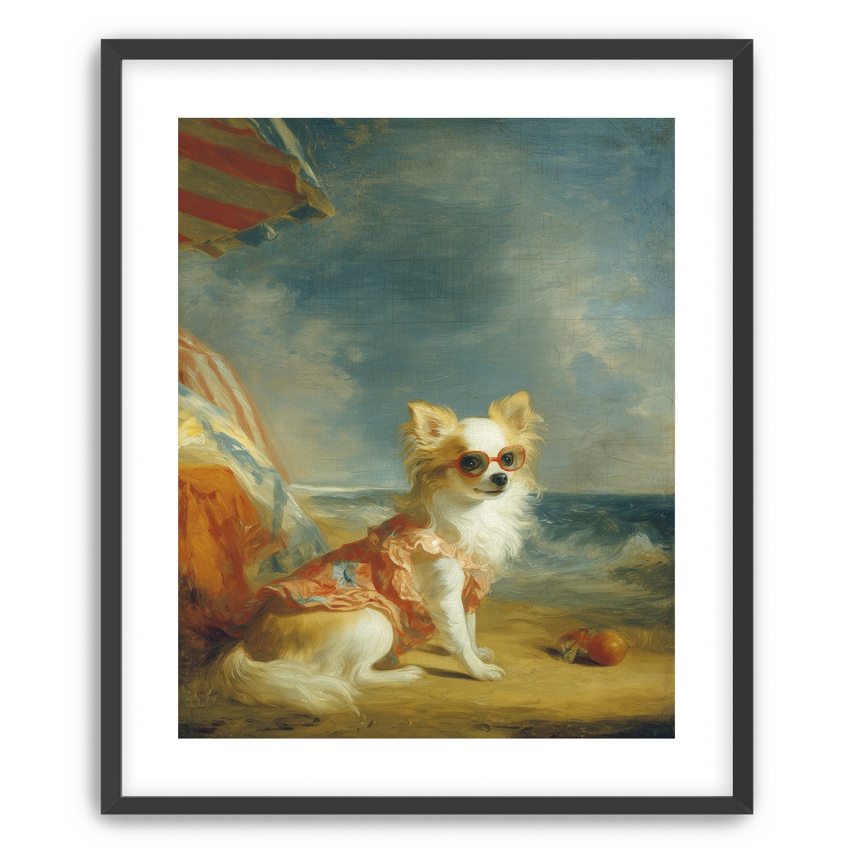 Seaside dog in red sunglasses