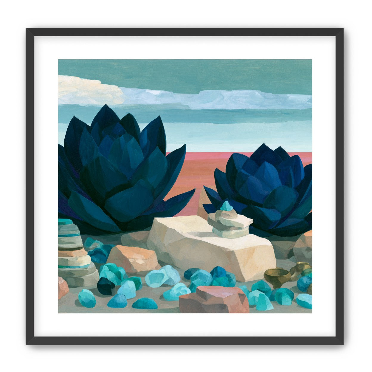 Deep blue blooms on coral ground