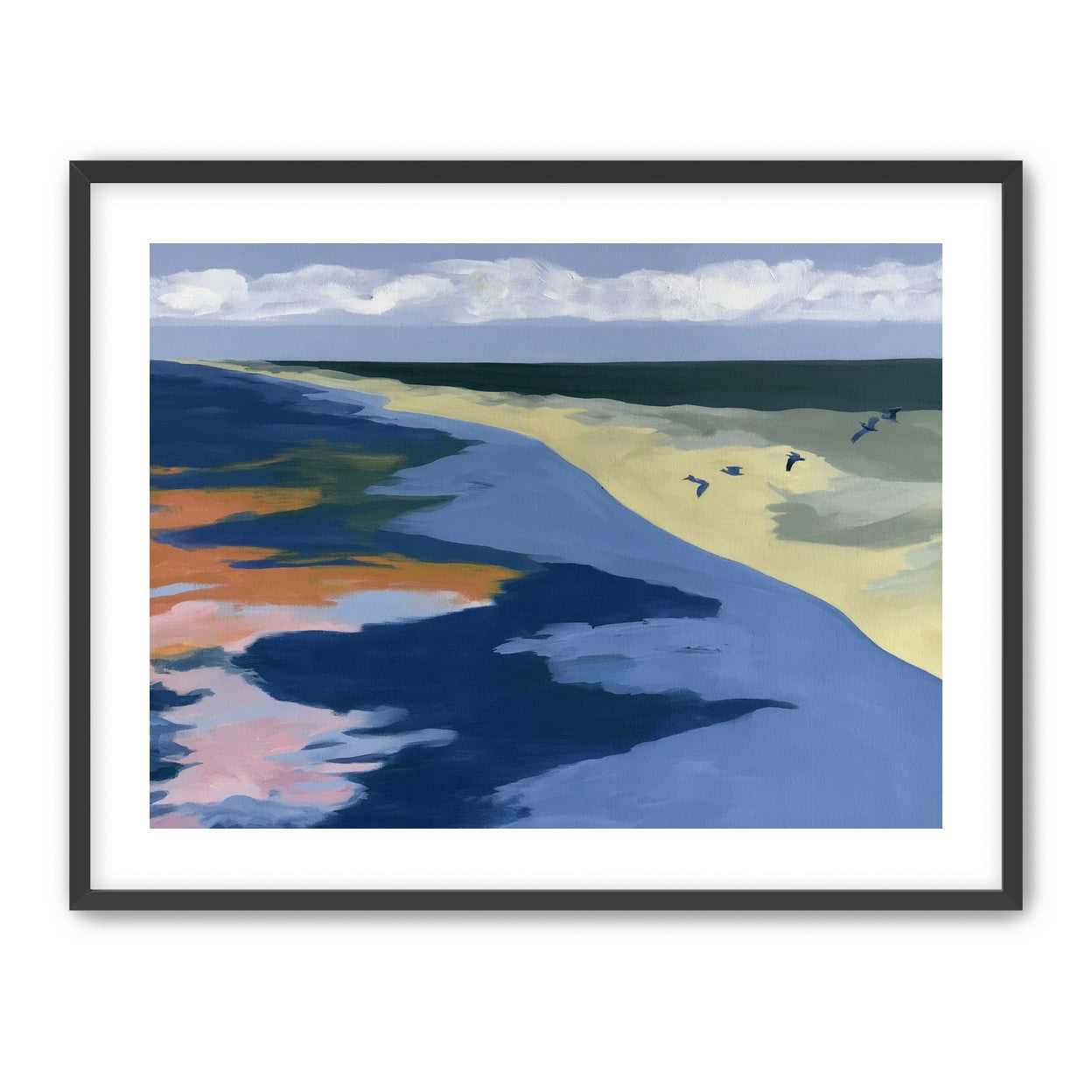 Birds over the pale shore