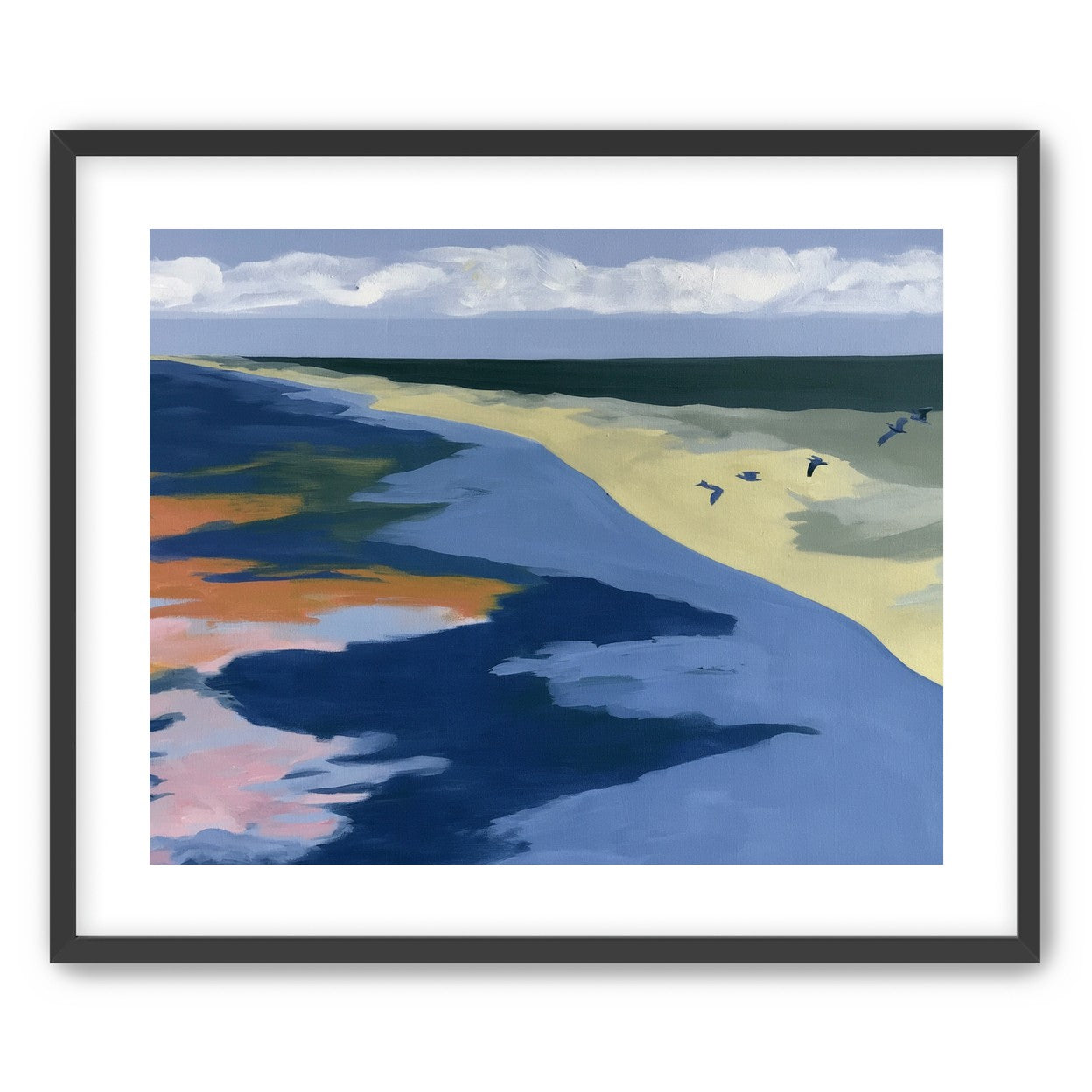 Birds over the pale shore