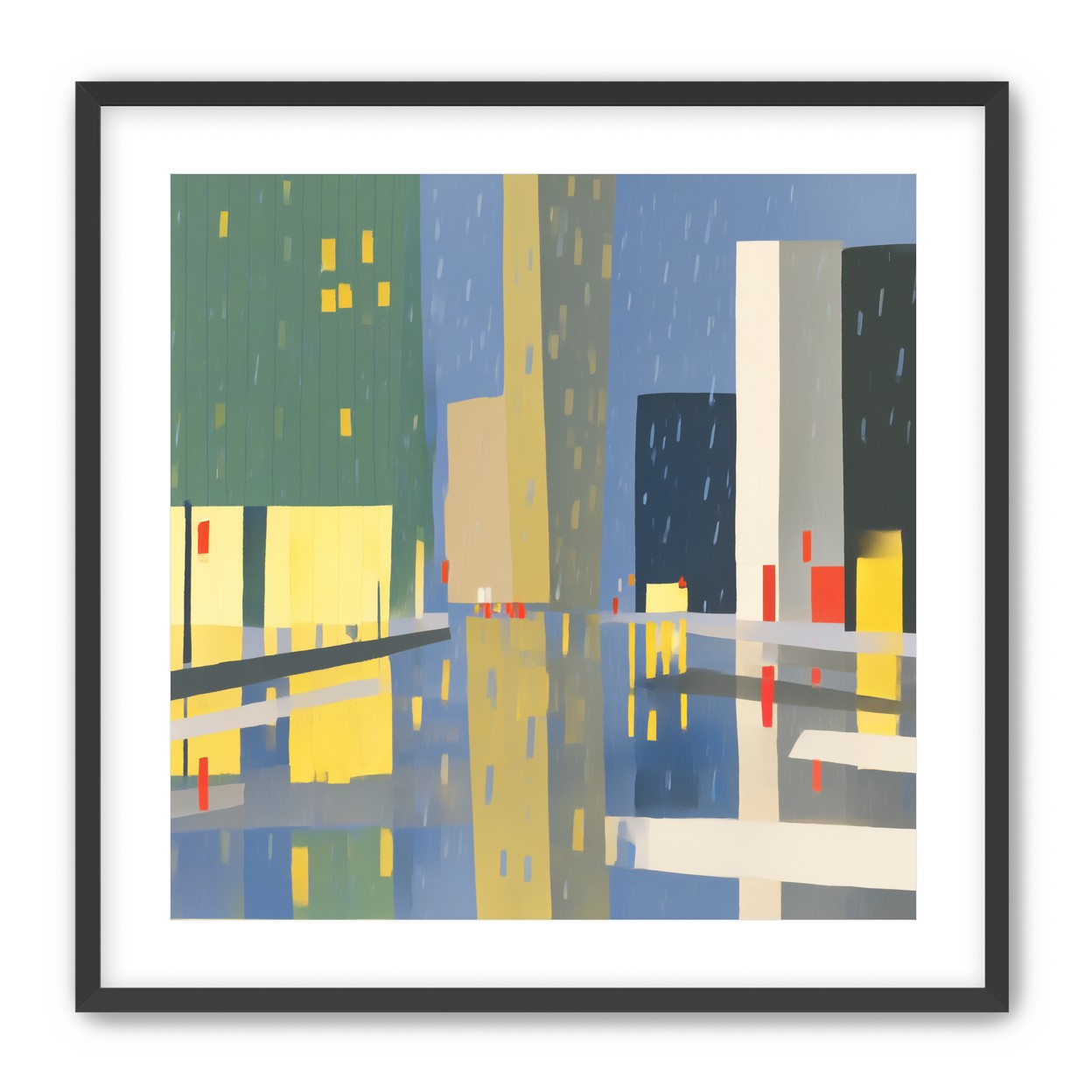 Yellow windows on wet blue street