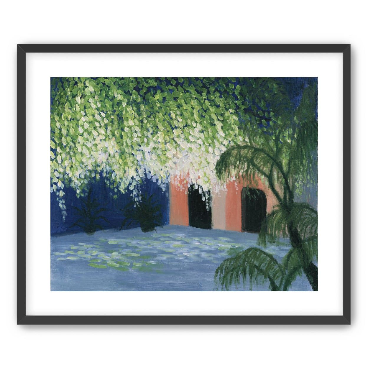 Doorway under falling blossoms