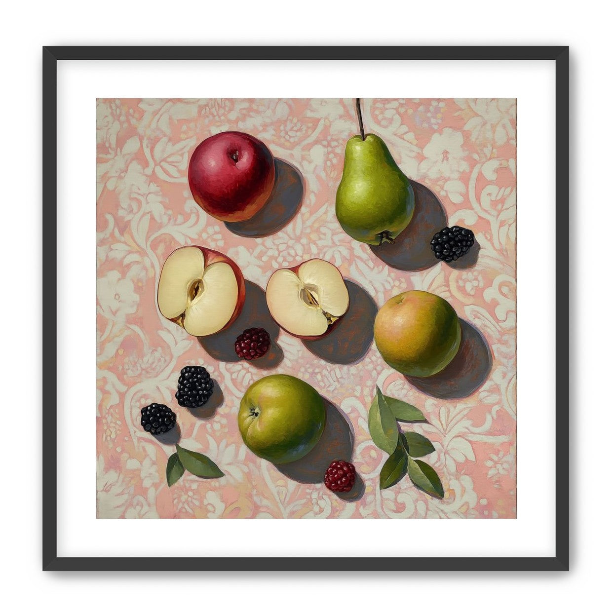 Apples, Pear, and Berries on Floral Fabric