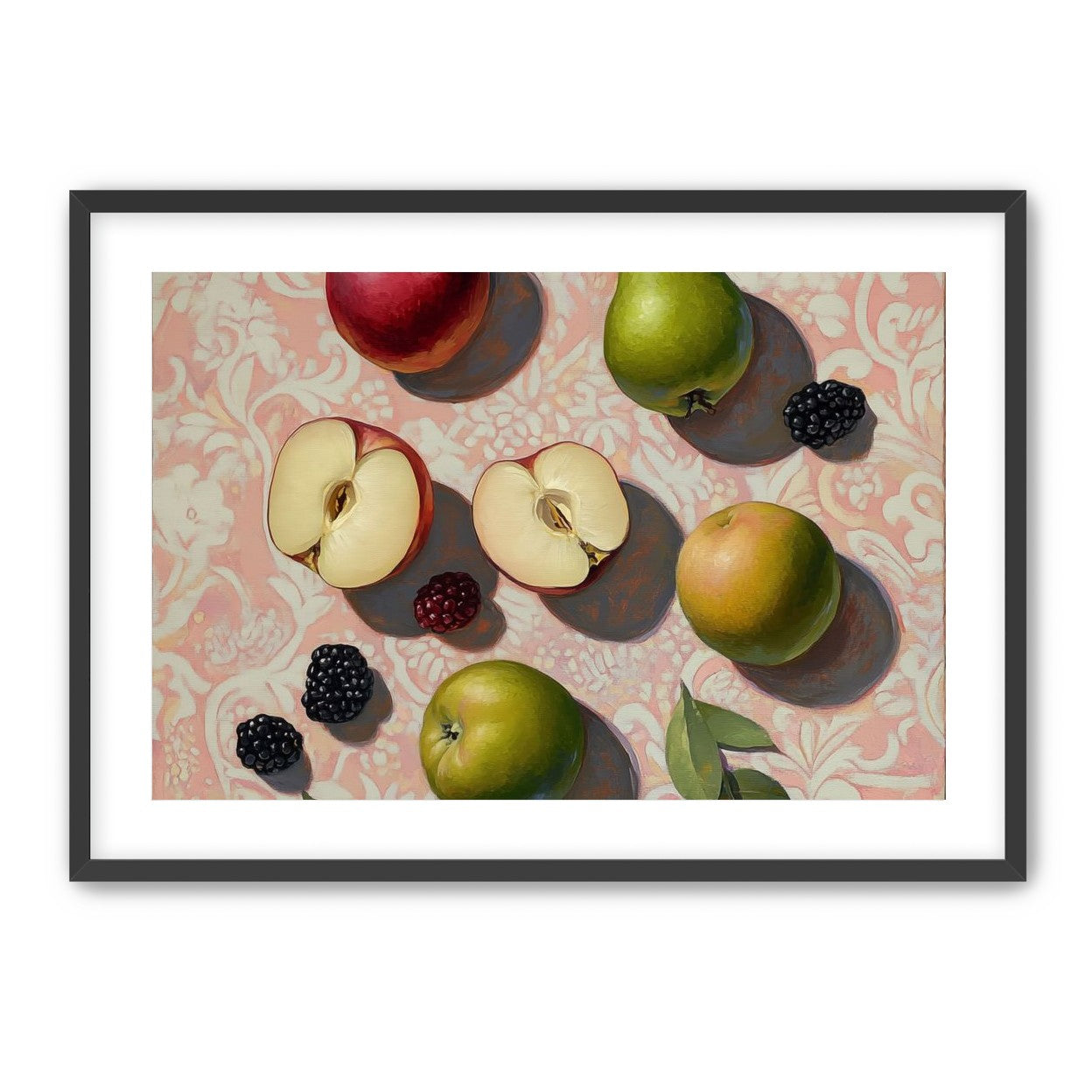 Apples, Pear, and Berries on Floral Fabric