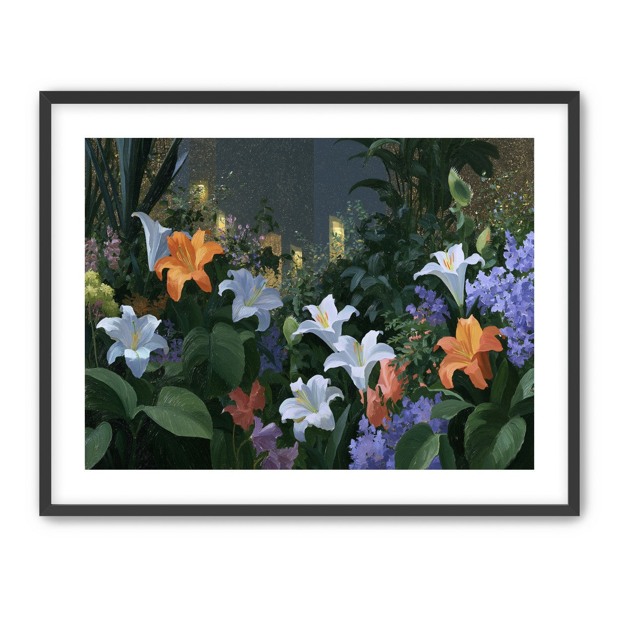 Lit windows beyond the lilies