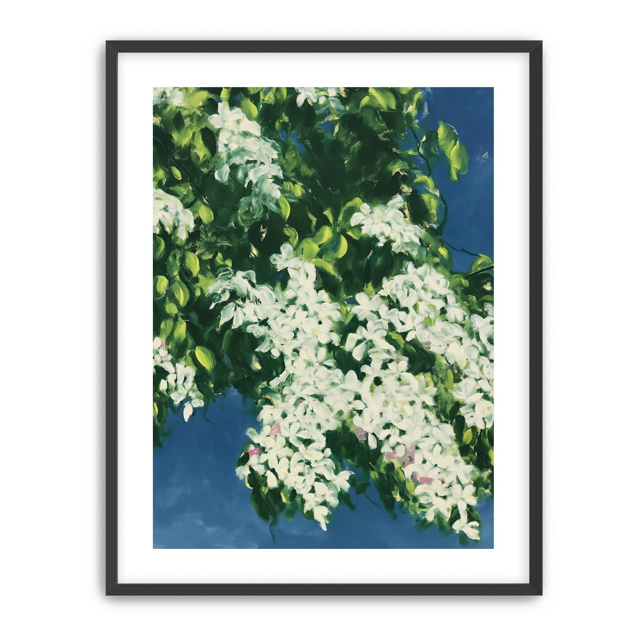 White blossoms on blue field