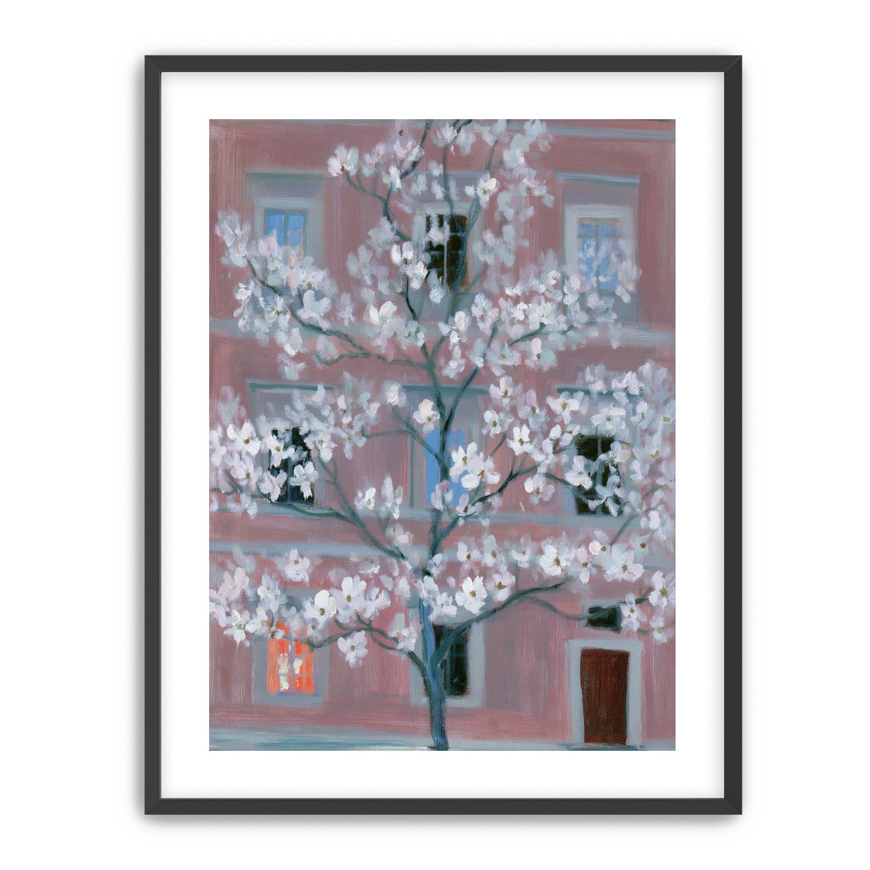 White blossoms against the pink house