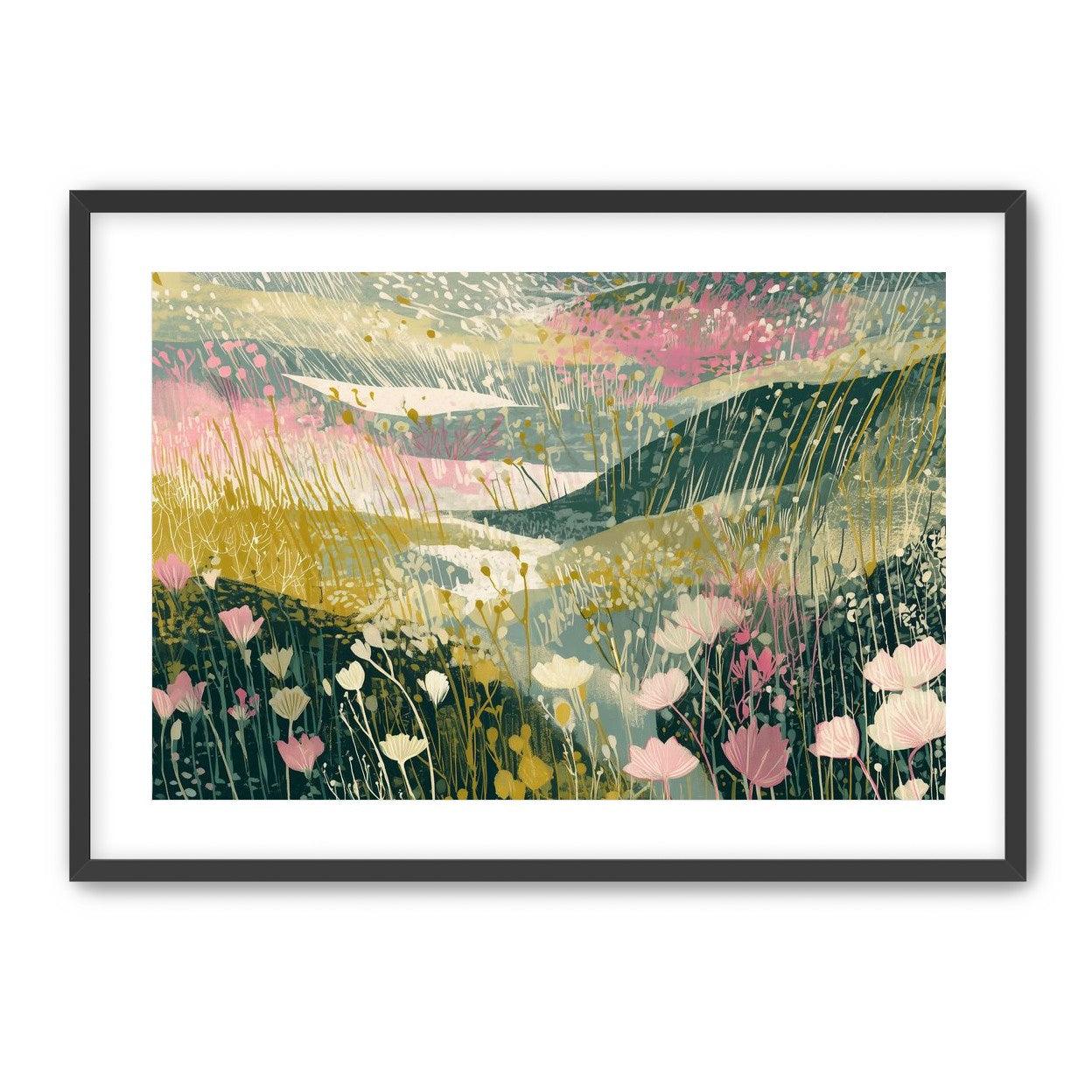 Wildflowers across layered hills