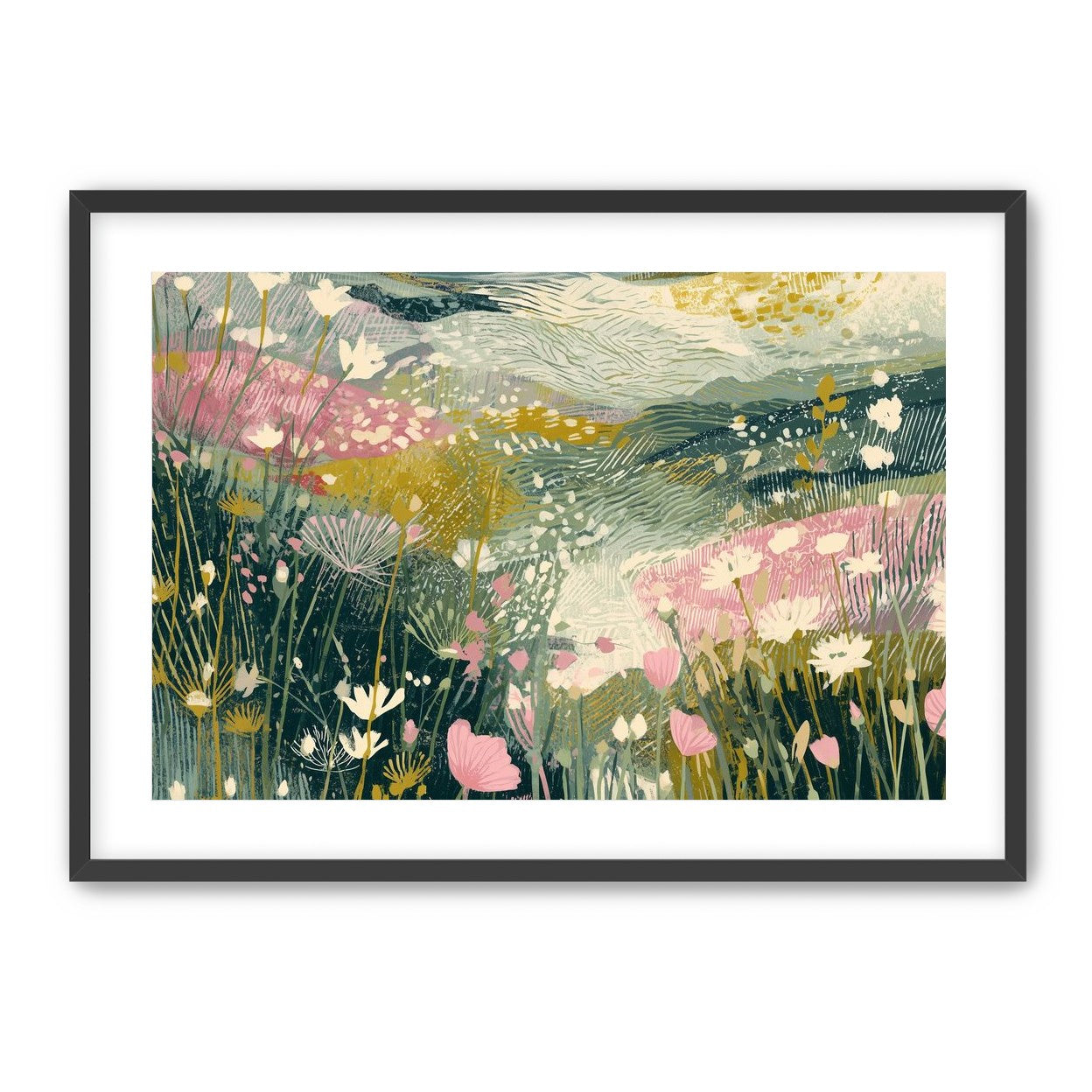 Teal sky over pink meadow