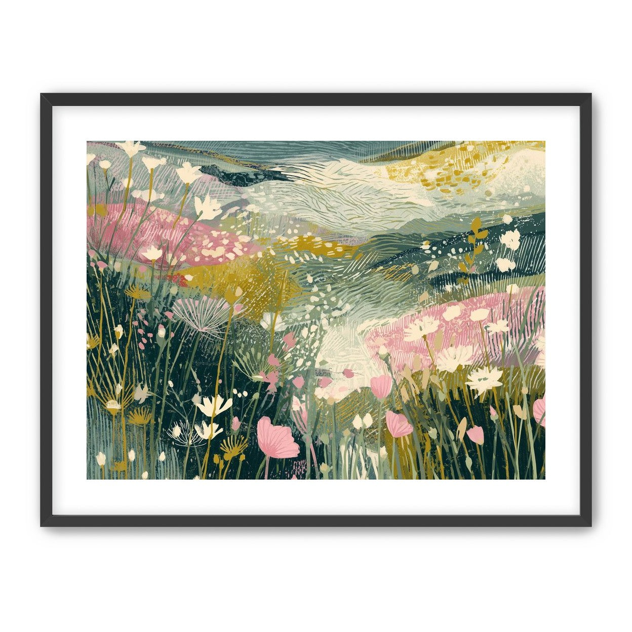 Teal sky over pink meadow