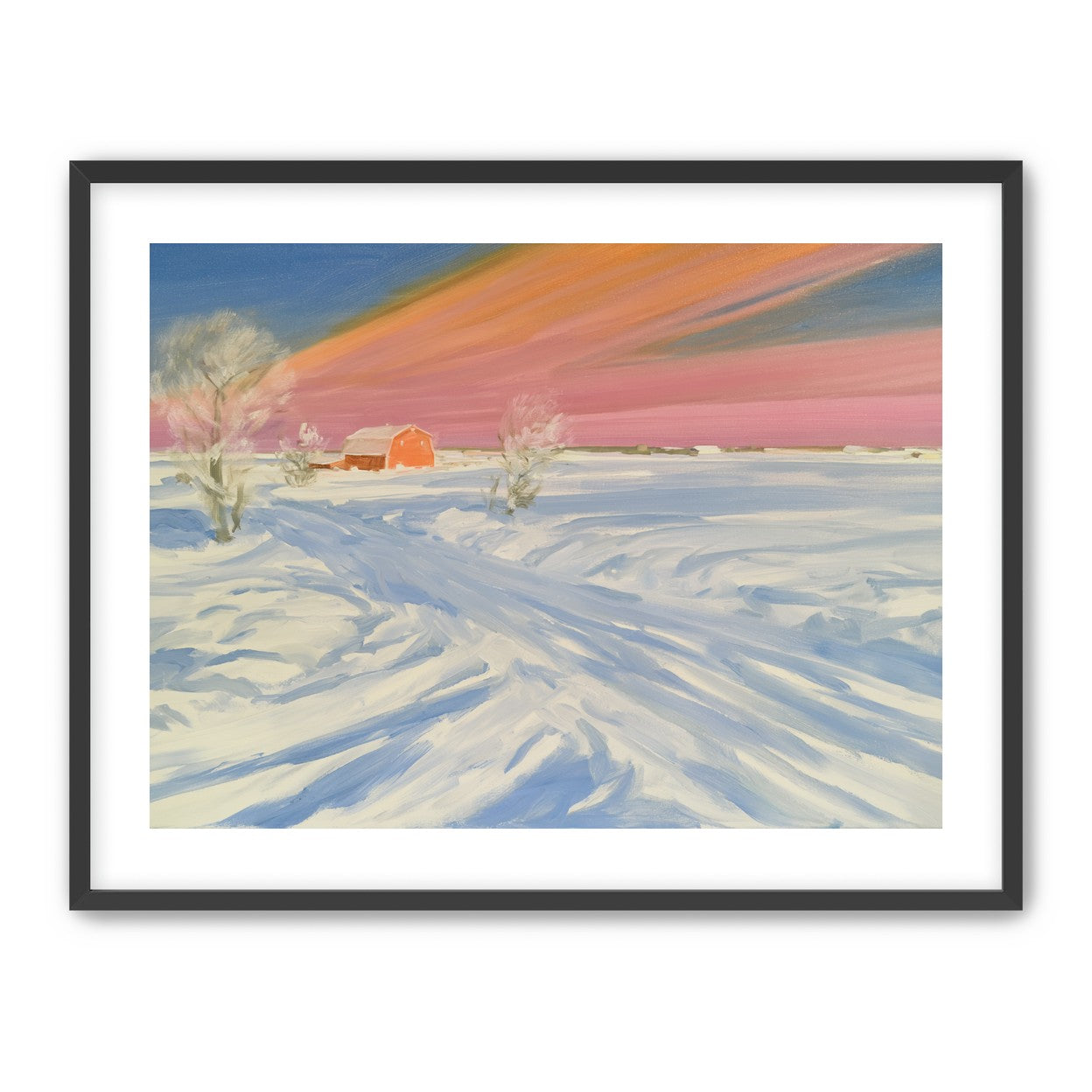 Pink sky over the red barn