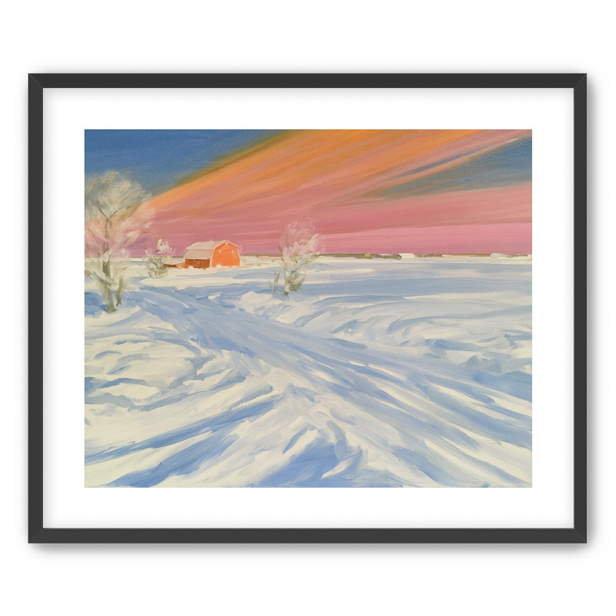 Pink sky over the red barn