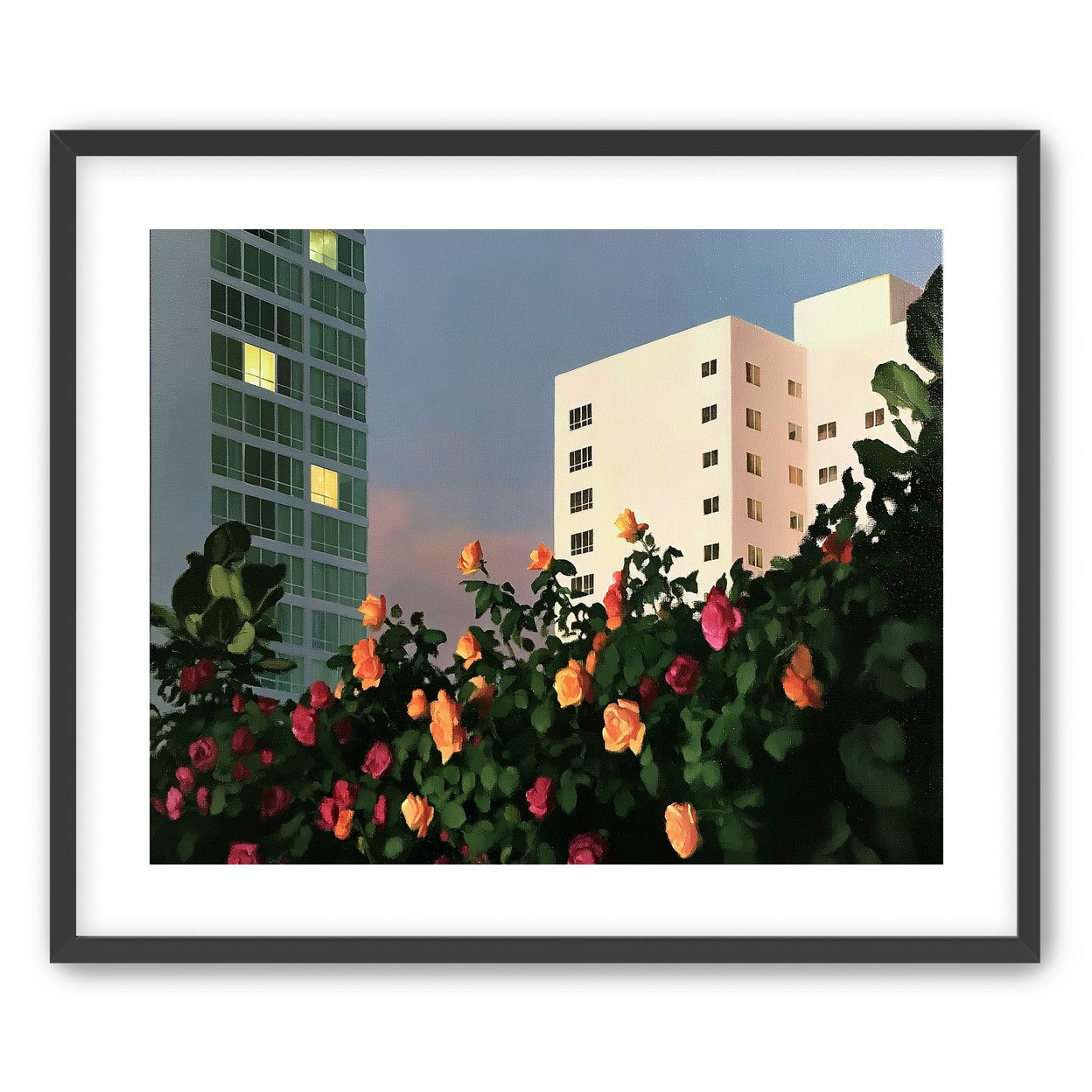 Roses below lit windows