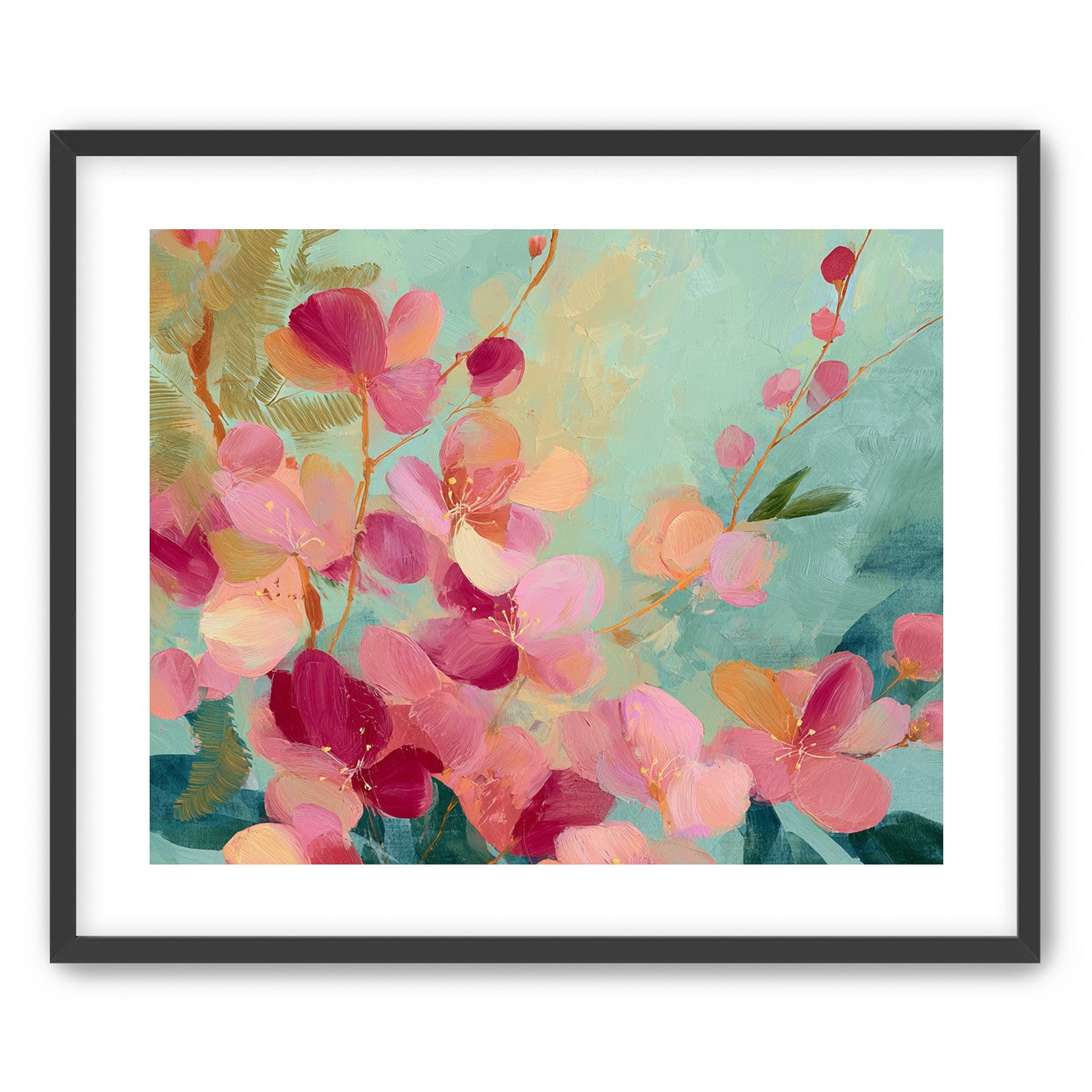 Pink blossoms drifting through teal
