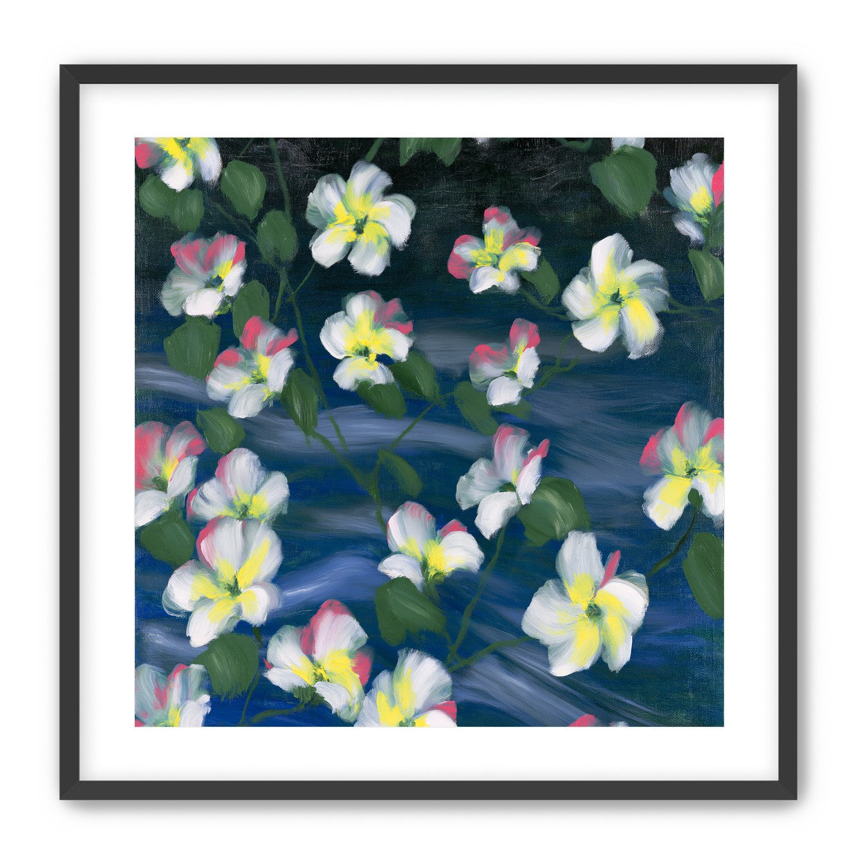 White flowers across deep blue