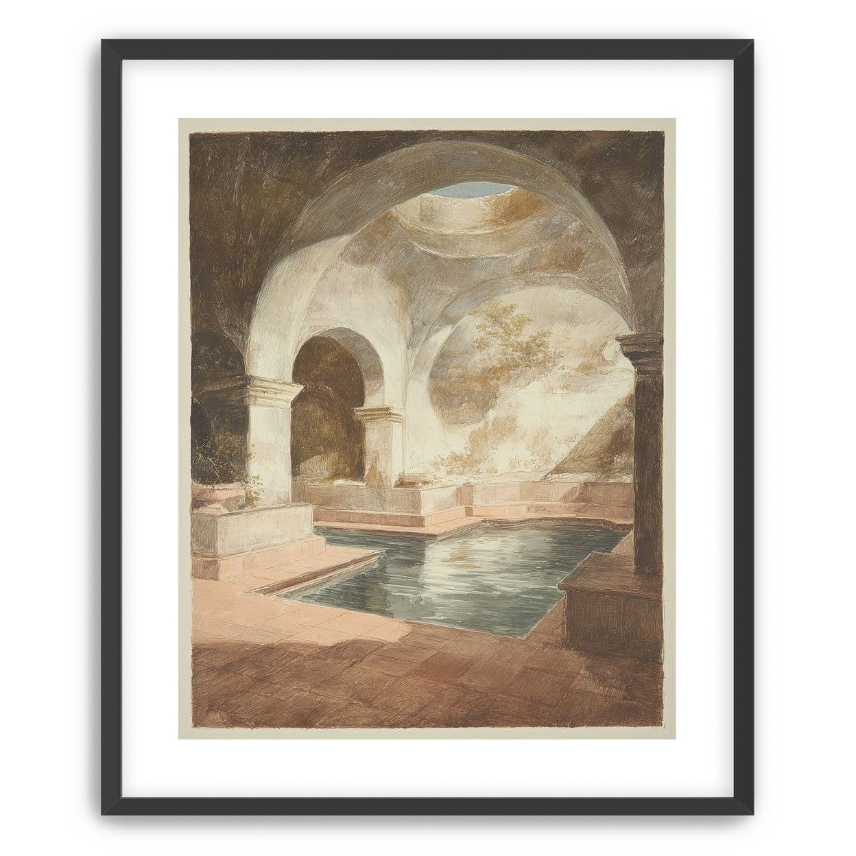 Courtyard pool beneath pale arches