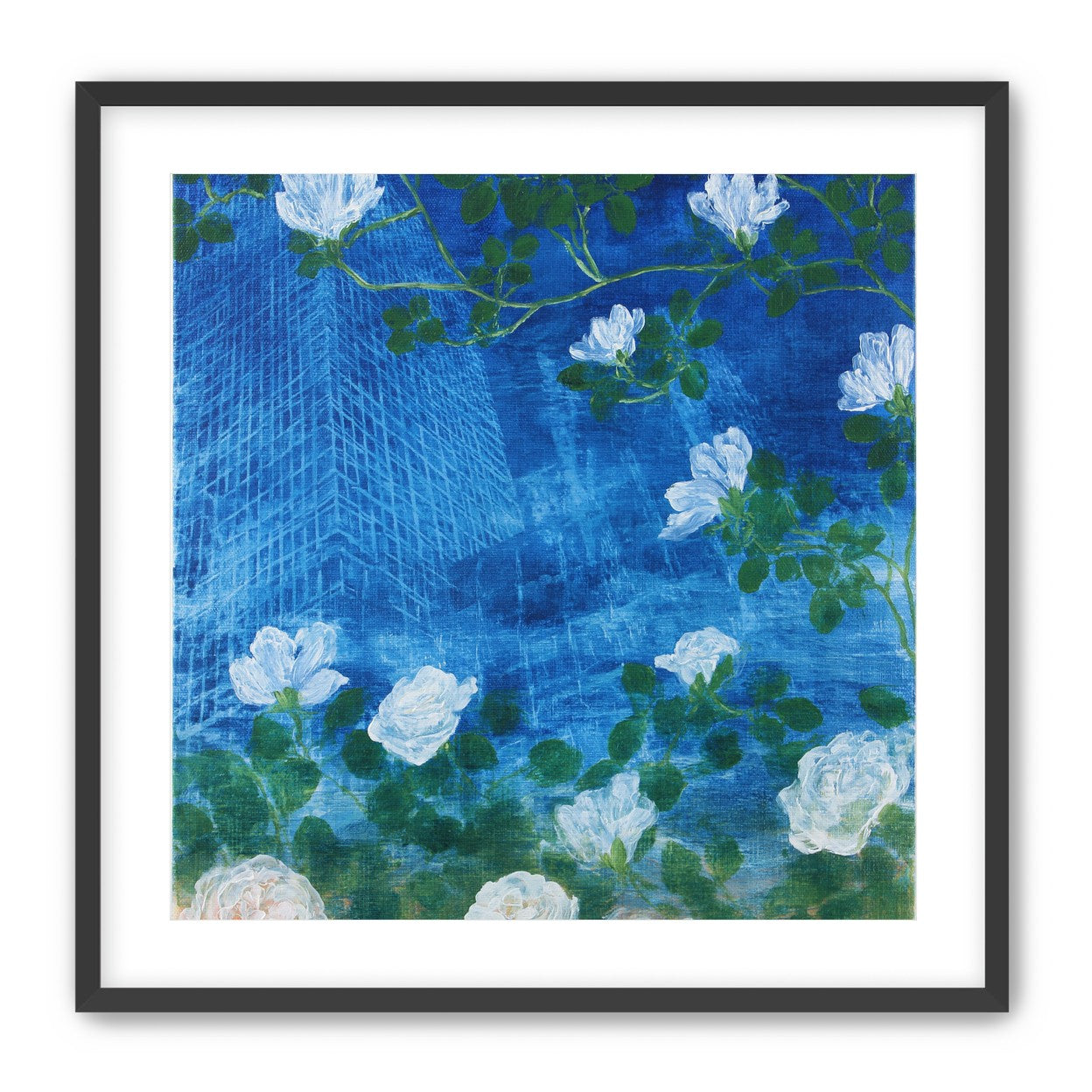 White blossoms on cobalt blue