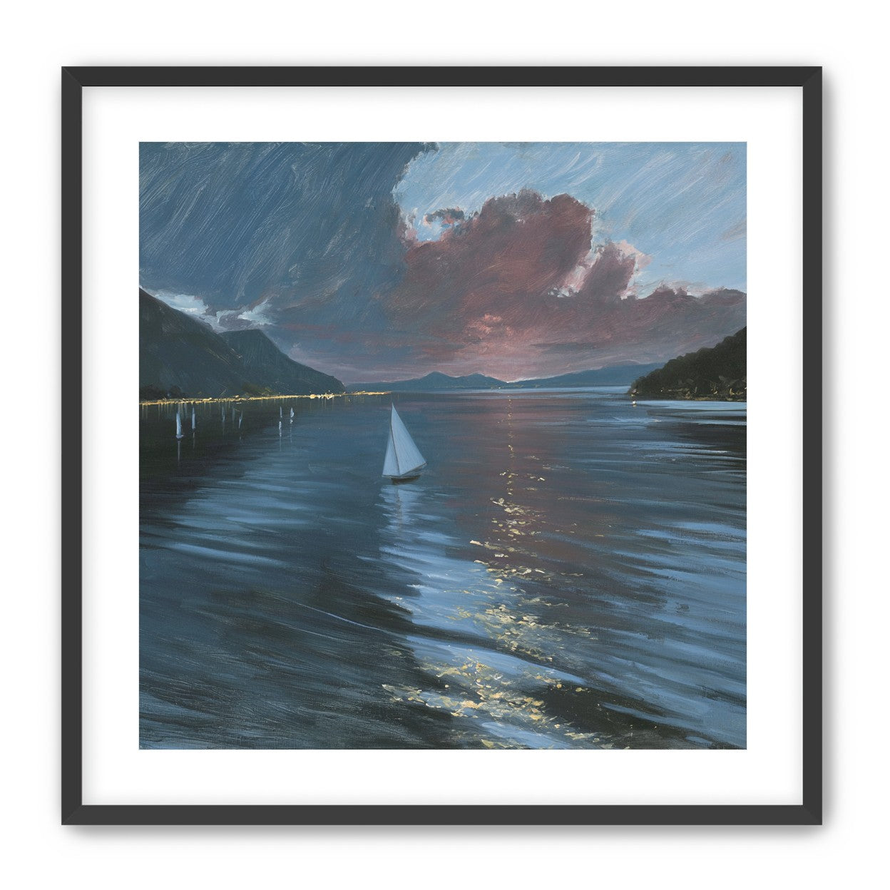 A sailboat beneath storm clouds