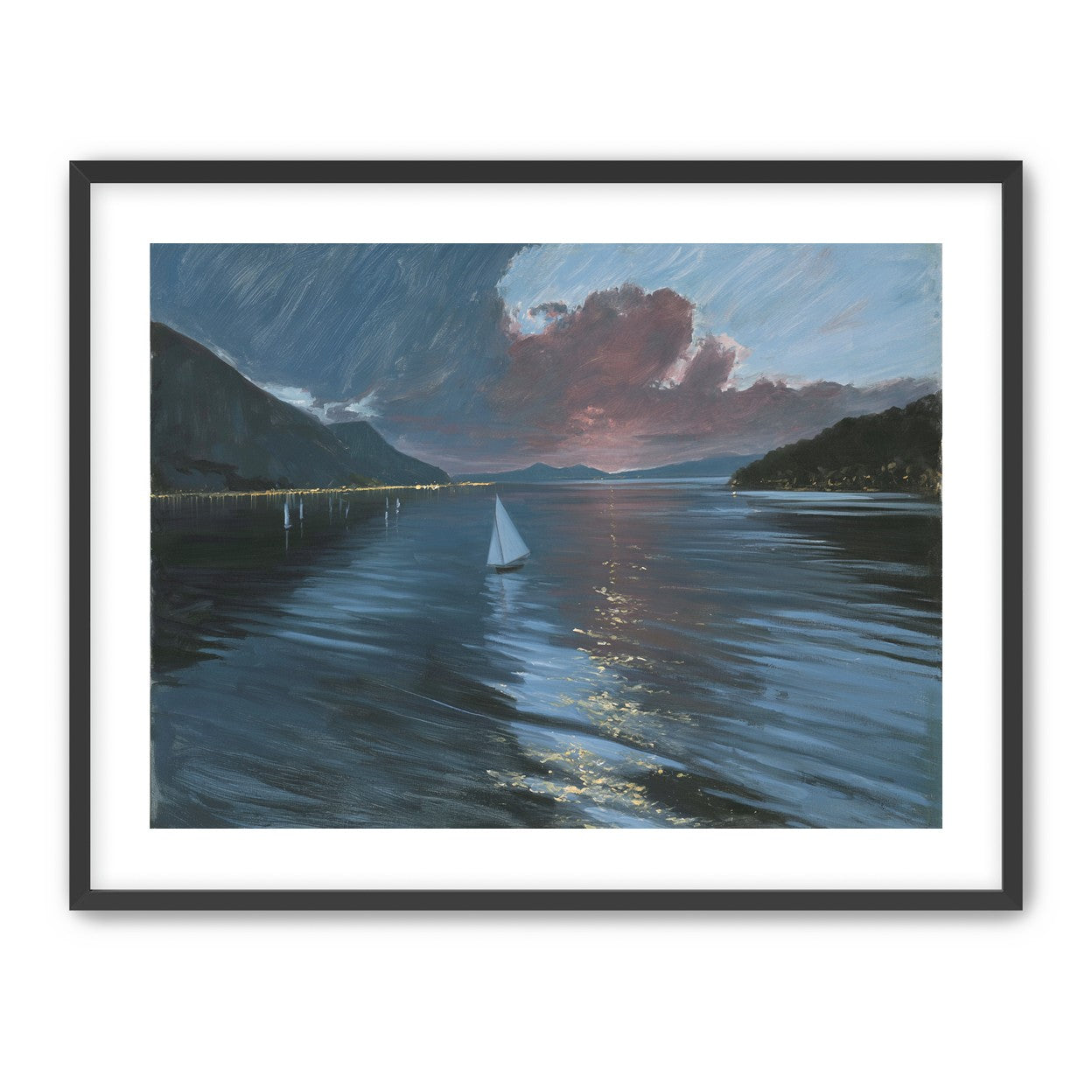 A sailboat beneath storm clouds