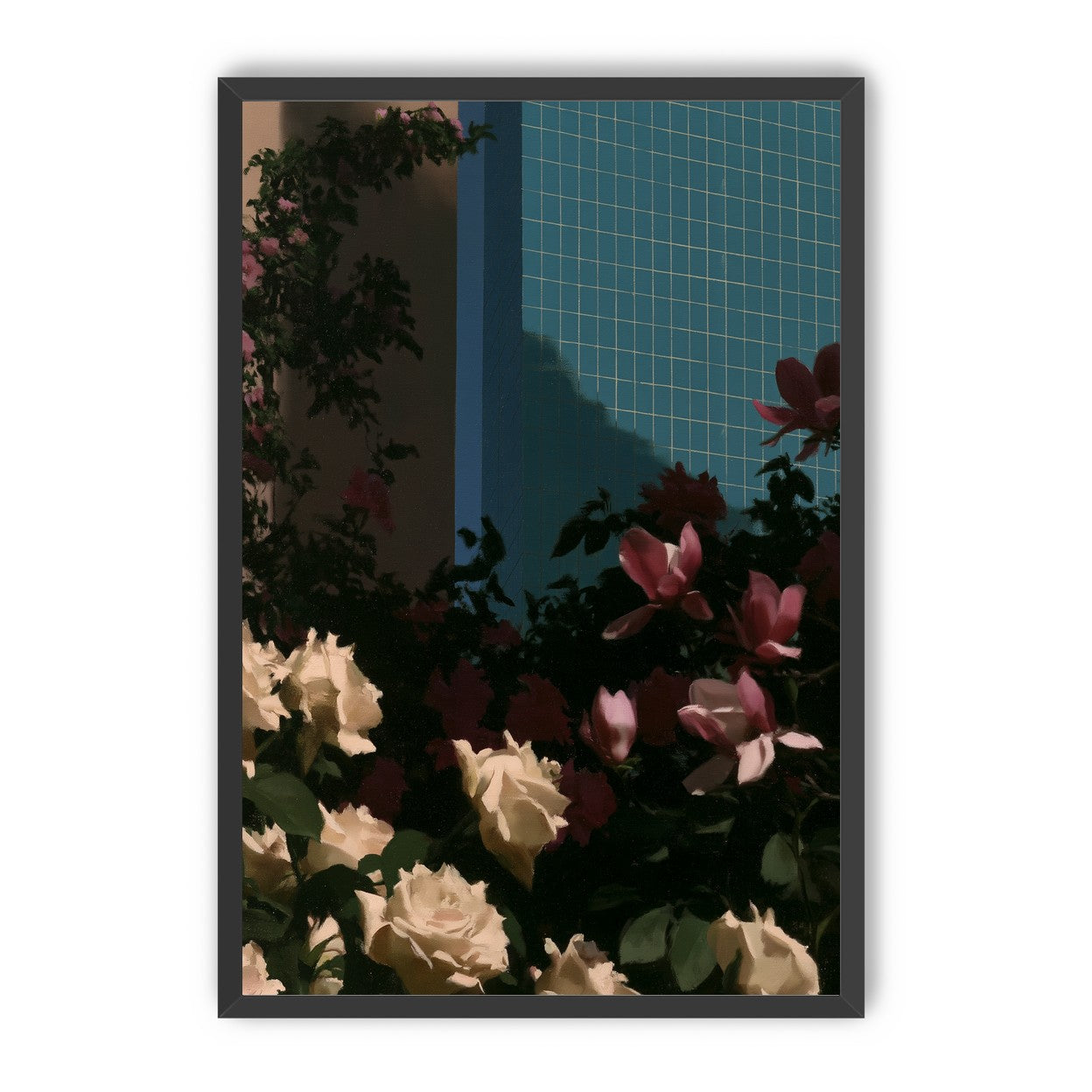 Flowers beneath the tiled wall