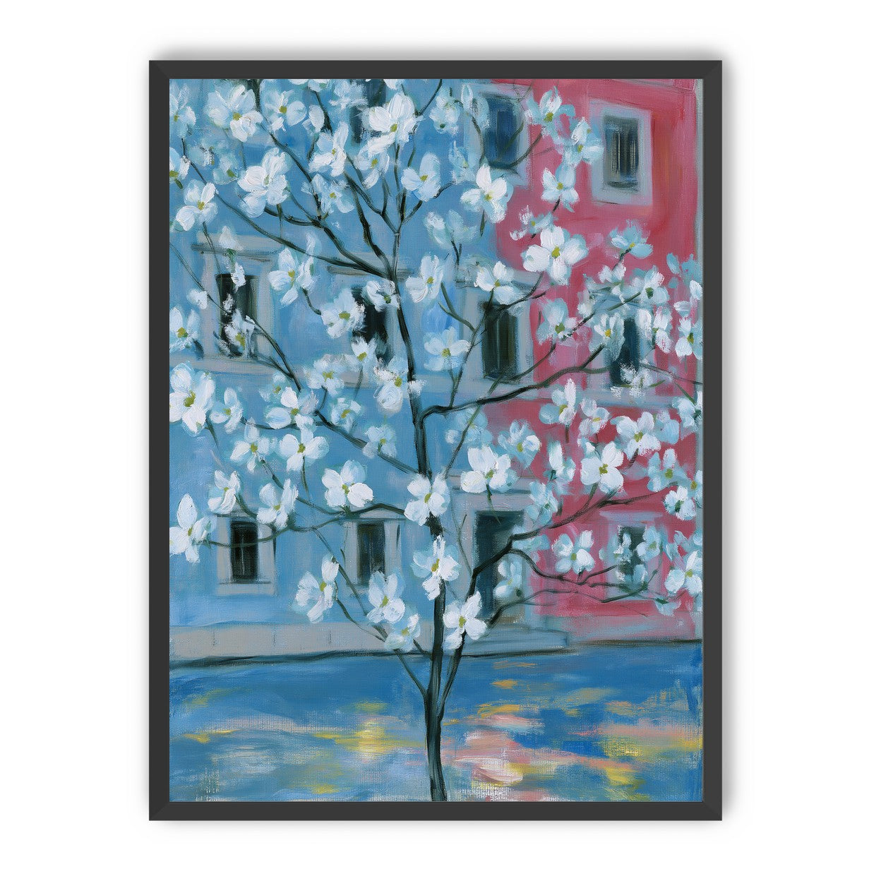 White blossoms across blue and pink