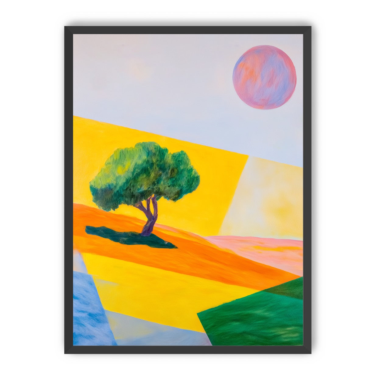Pink sun over yellow hills