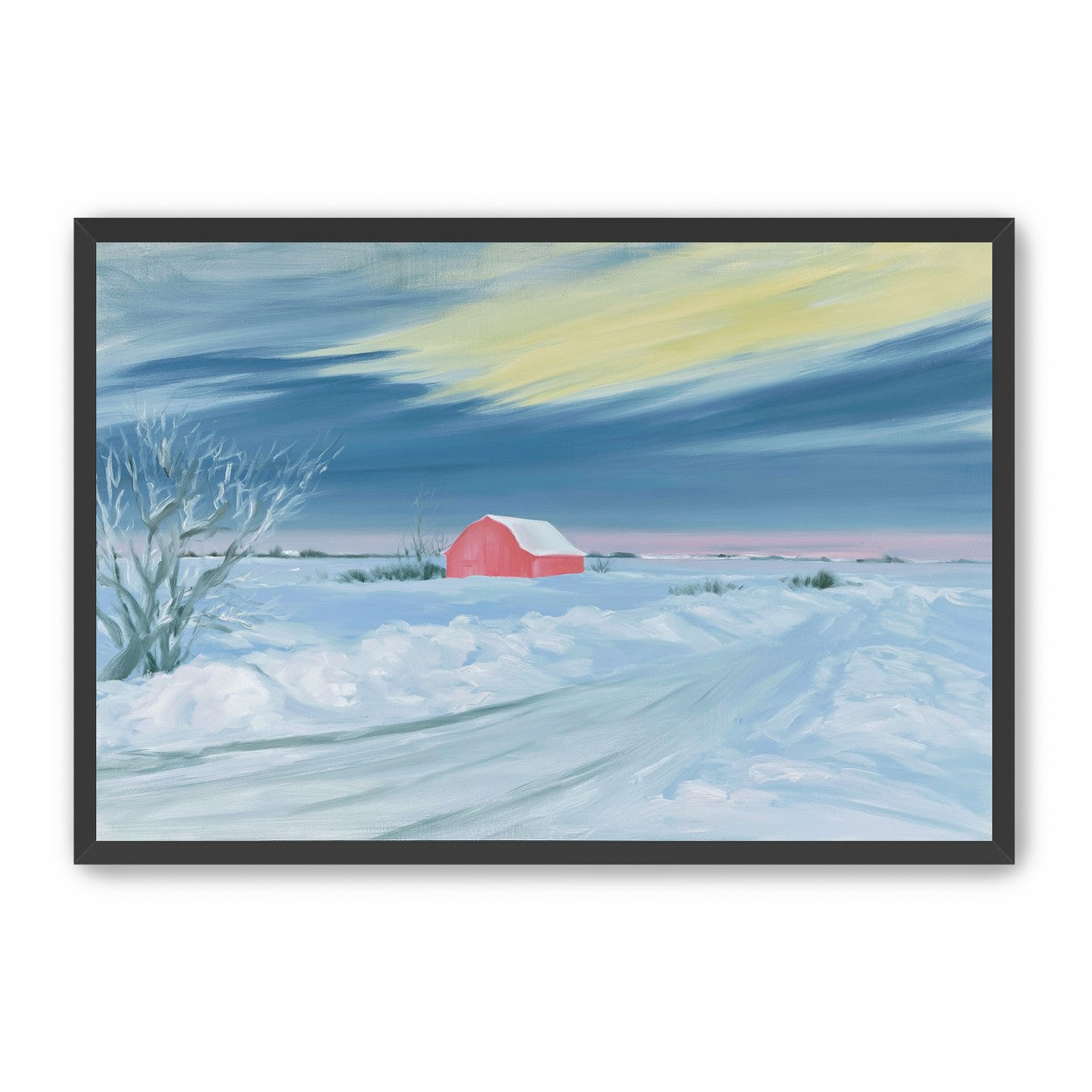 Red barn beneath winter sky