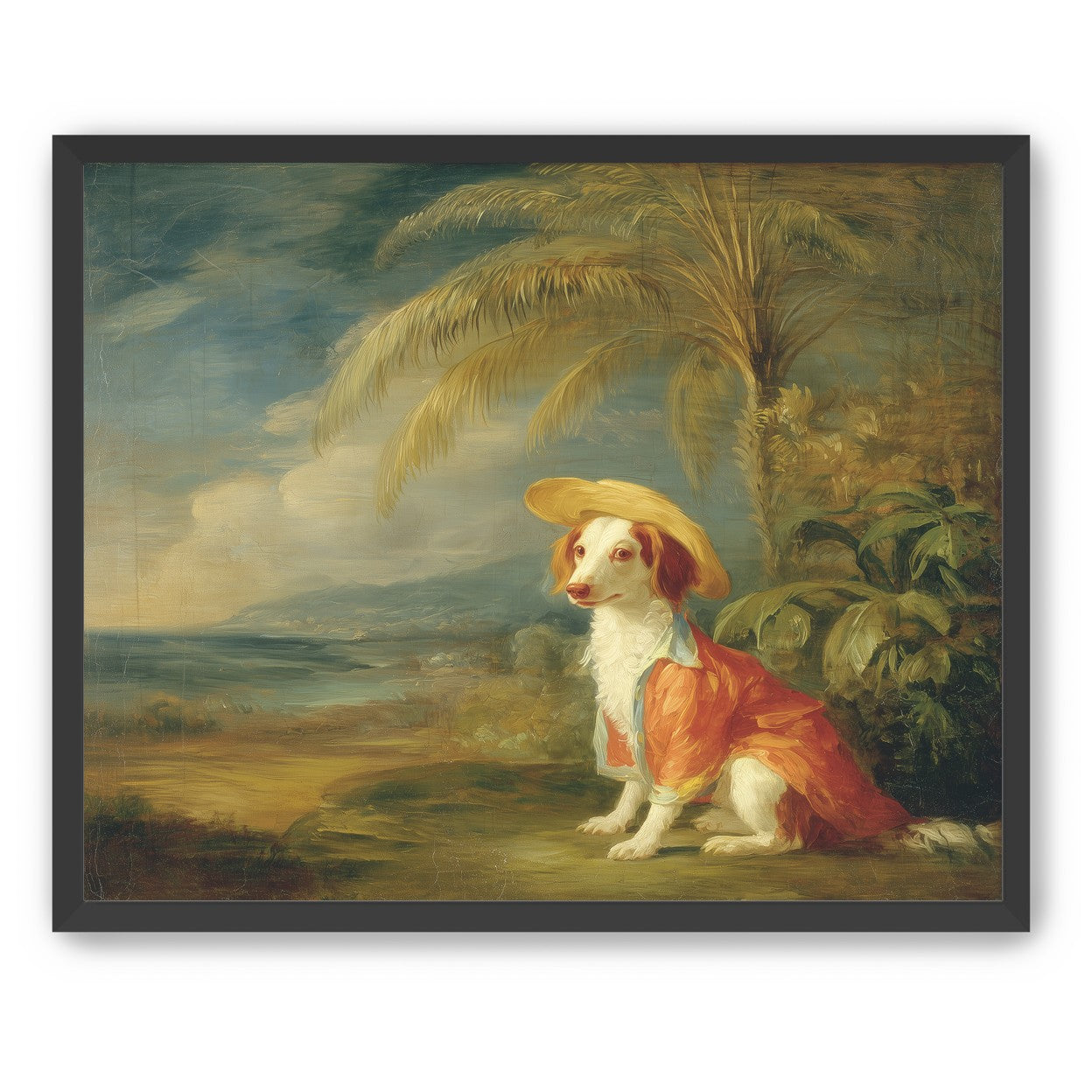 A hatted dog by the sea
