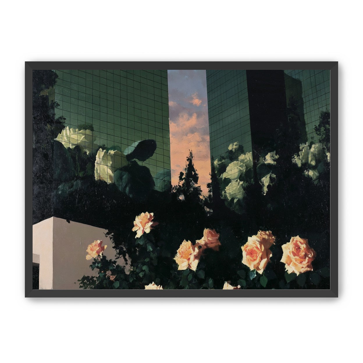 Roses under green towers