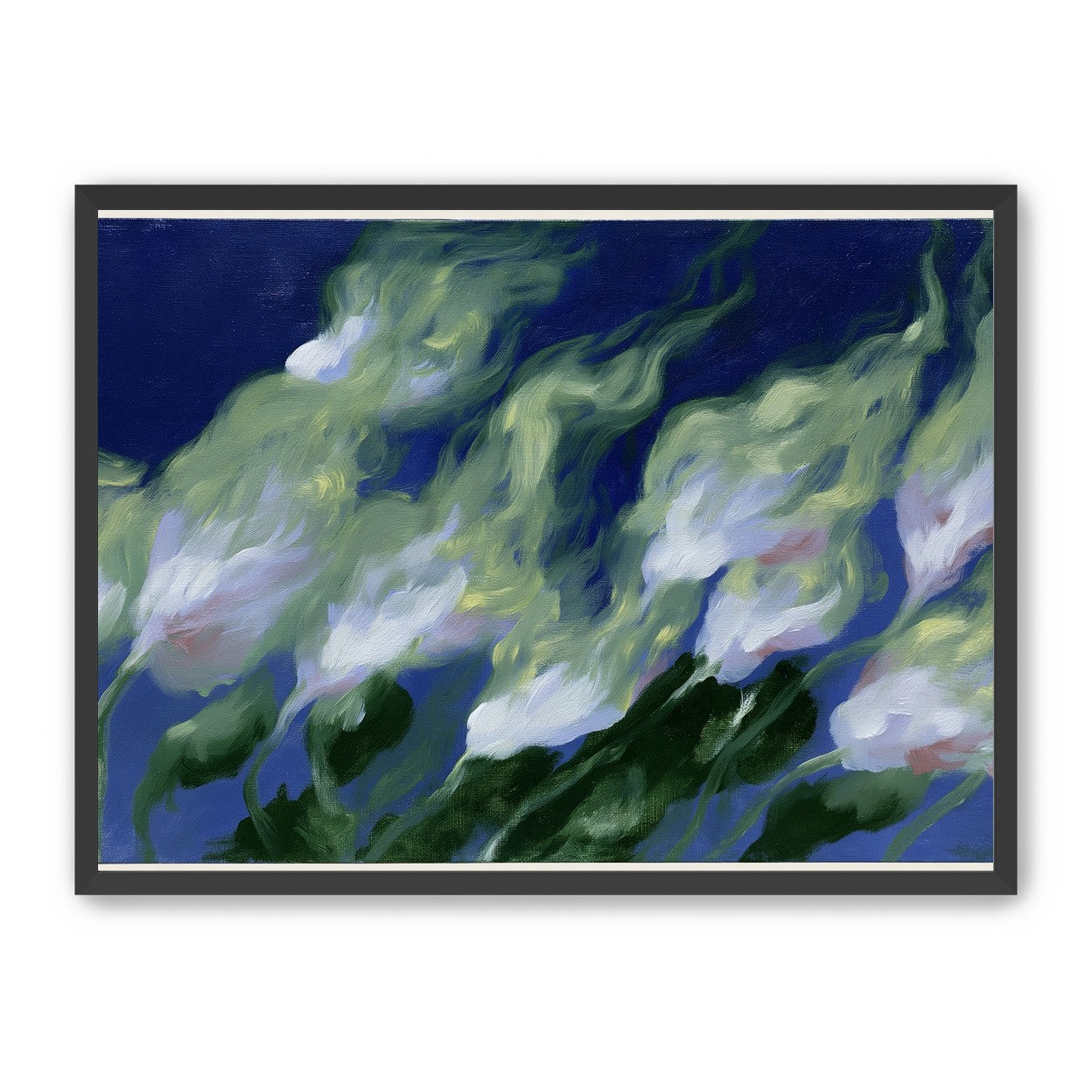 Pale flowers across blue field