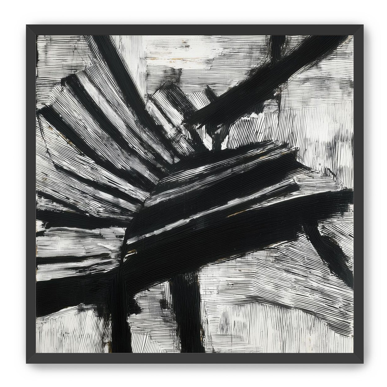 Non-Representational: Thick black brushstrokes cross and stack over a white surface filled with fine scratched lines.