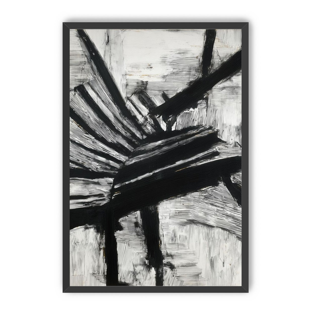 Non-Representational: Thick black brushstrokes cross and stack over a white surface filled with fine scratched lines.