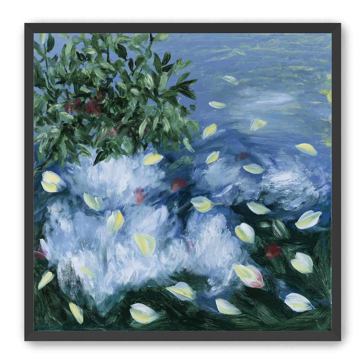 Petals across the blue water