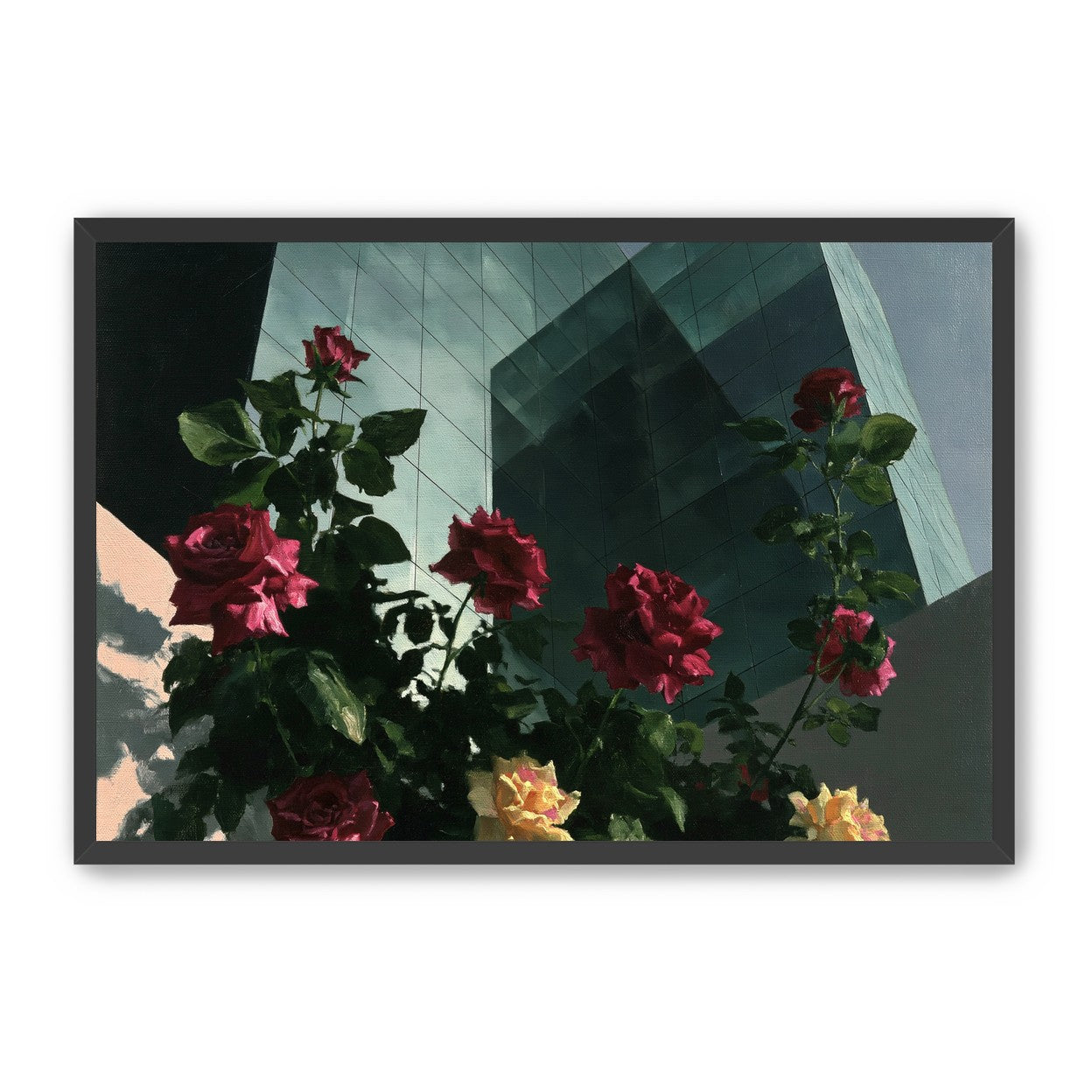 Roses against glass towers