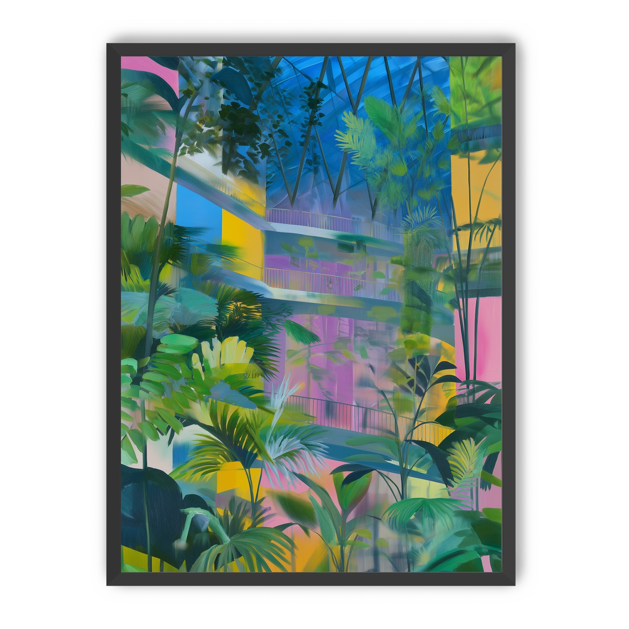 Blue roof over pink atrium