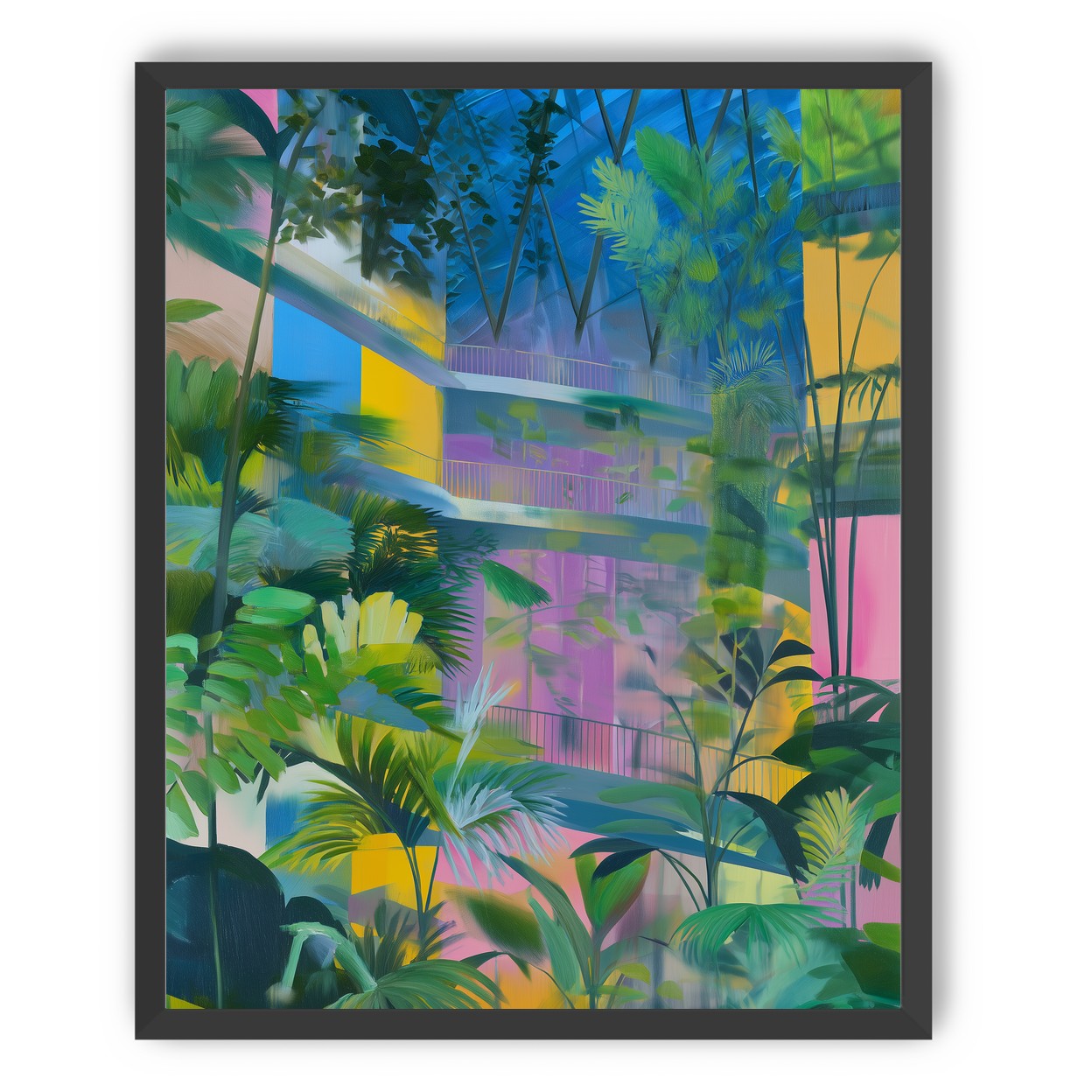Blue roof over pink atrium