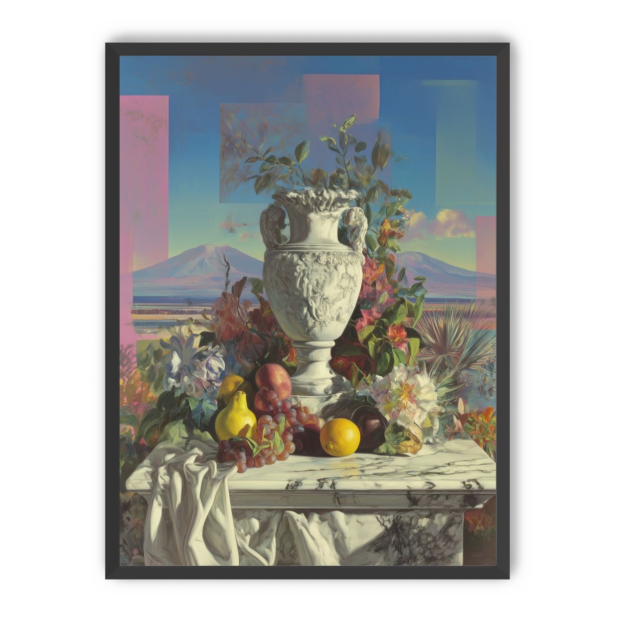 Urn and fruit before mountains