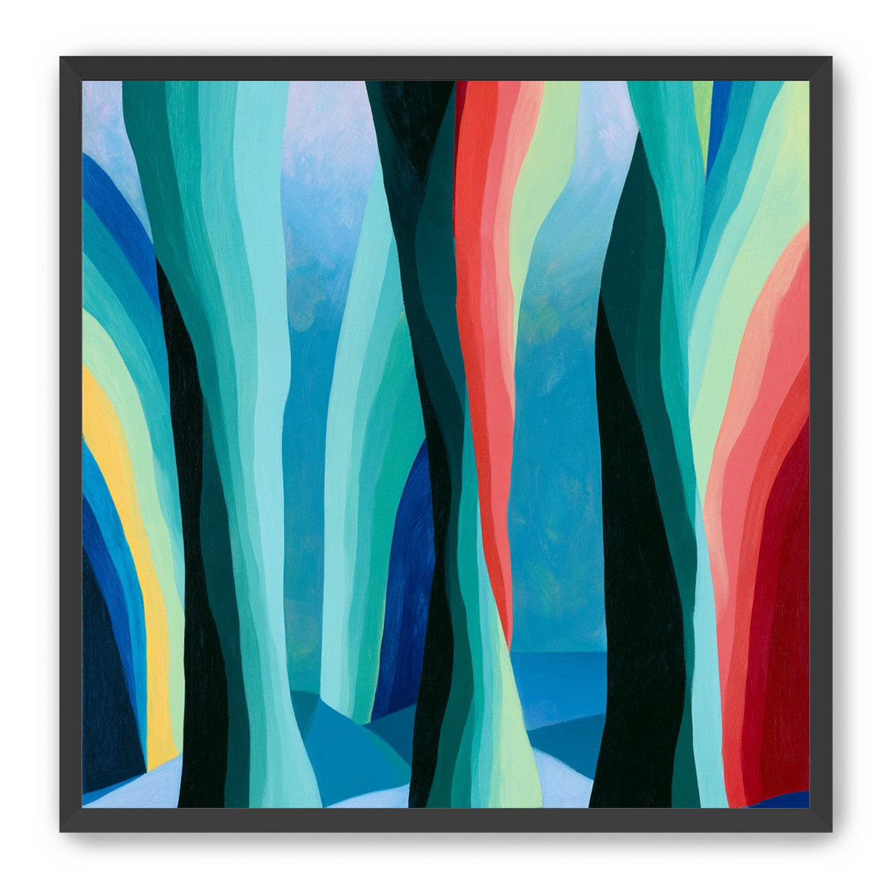 Between red trunks and blue shadows