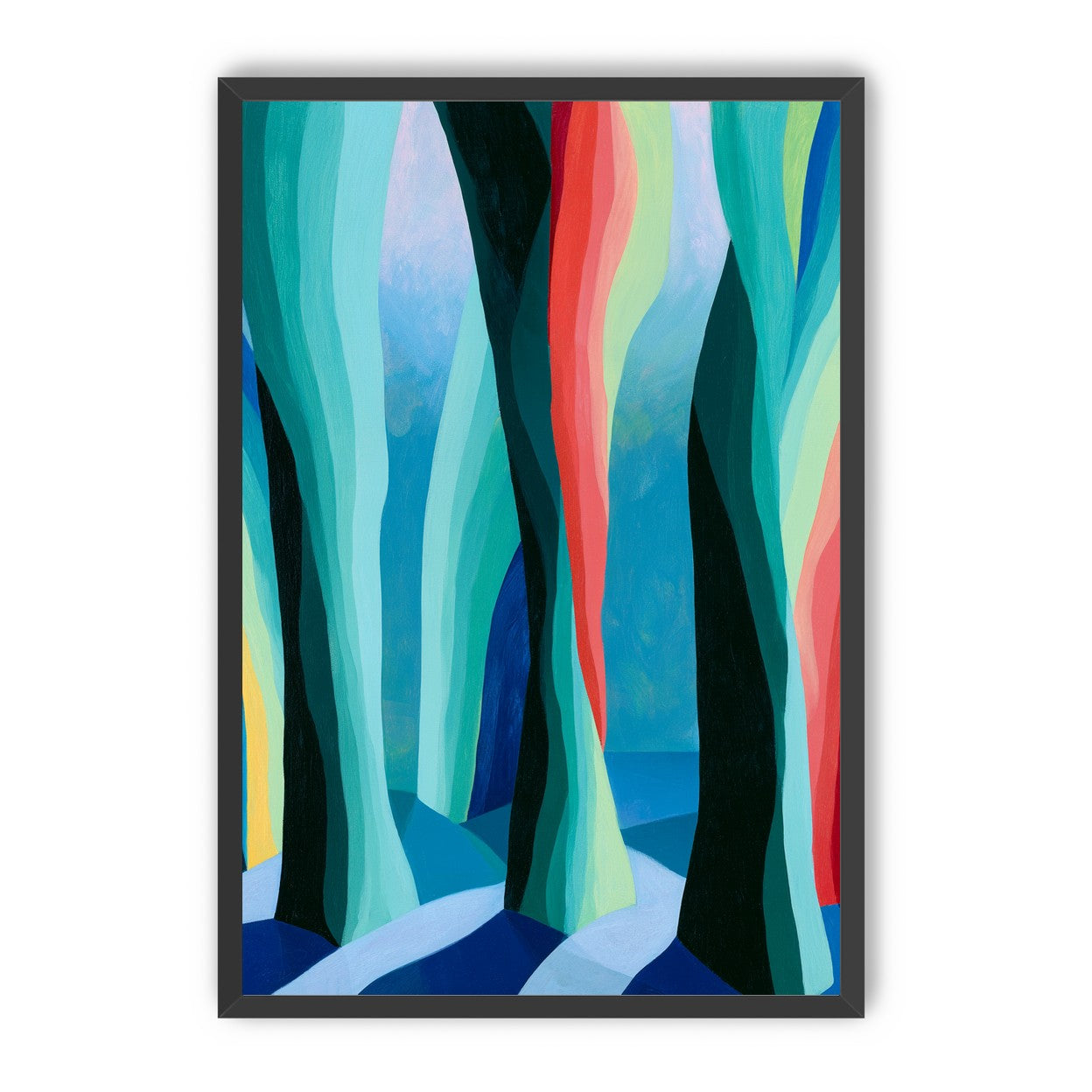 Between red trunks and blue shadows