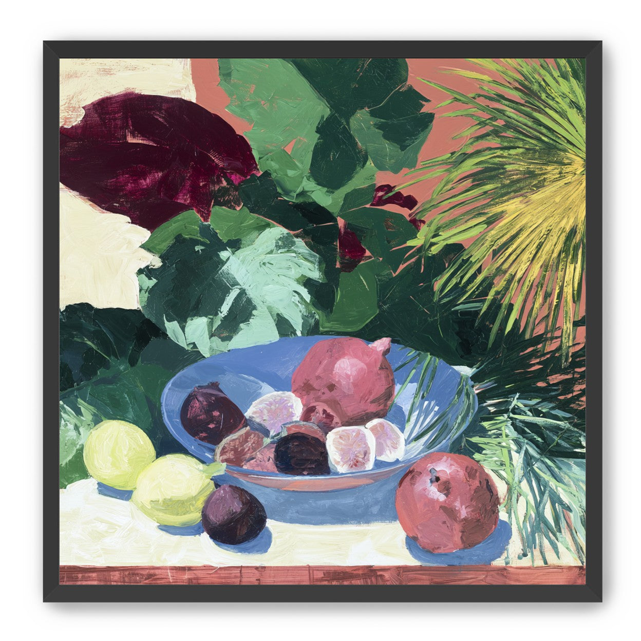 Blue bowl under palm frond
